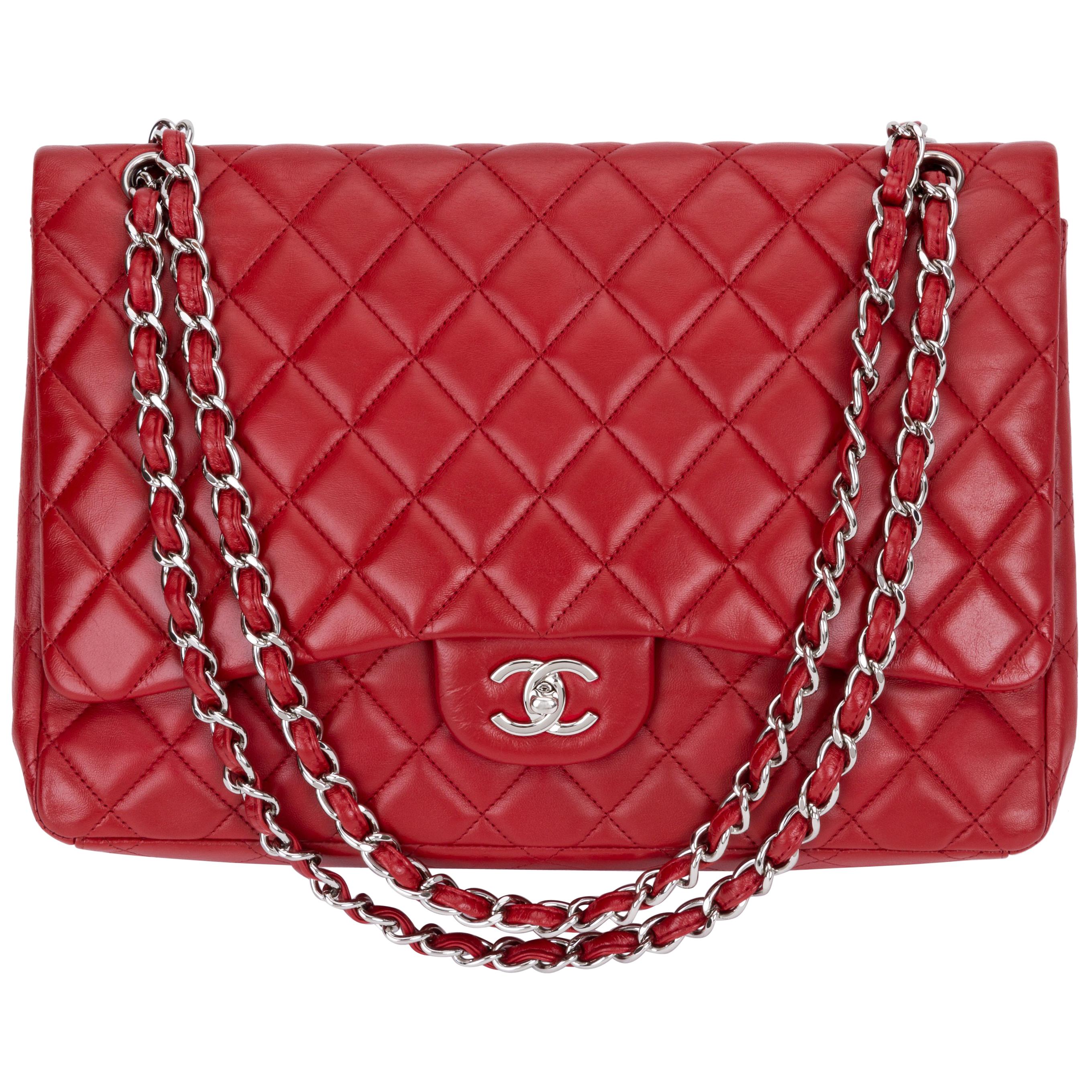 Chanel Red Quilted Caviar Jumbo Classic Single Flap Silver Hardware, 2009-2010 (Very Good), Womens Handbag