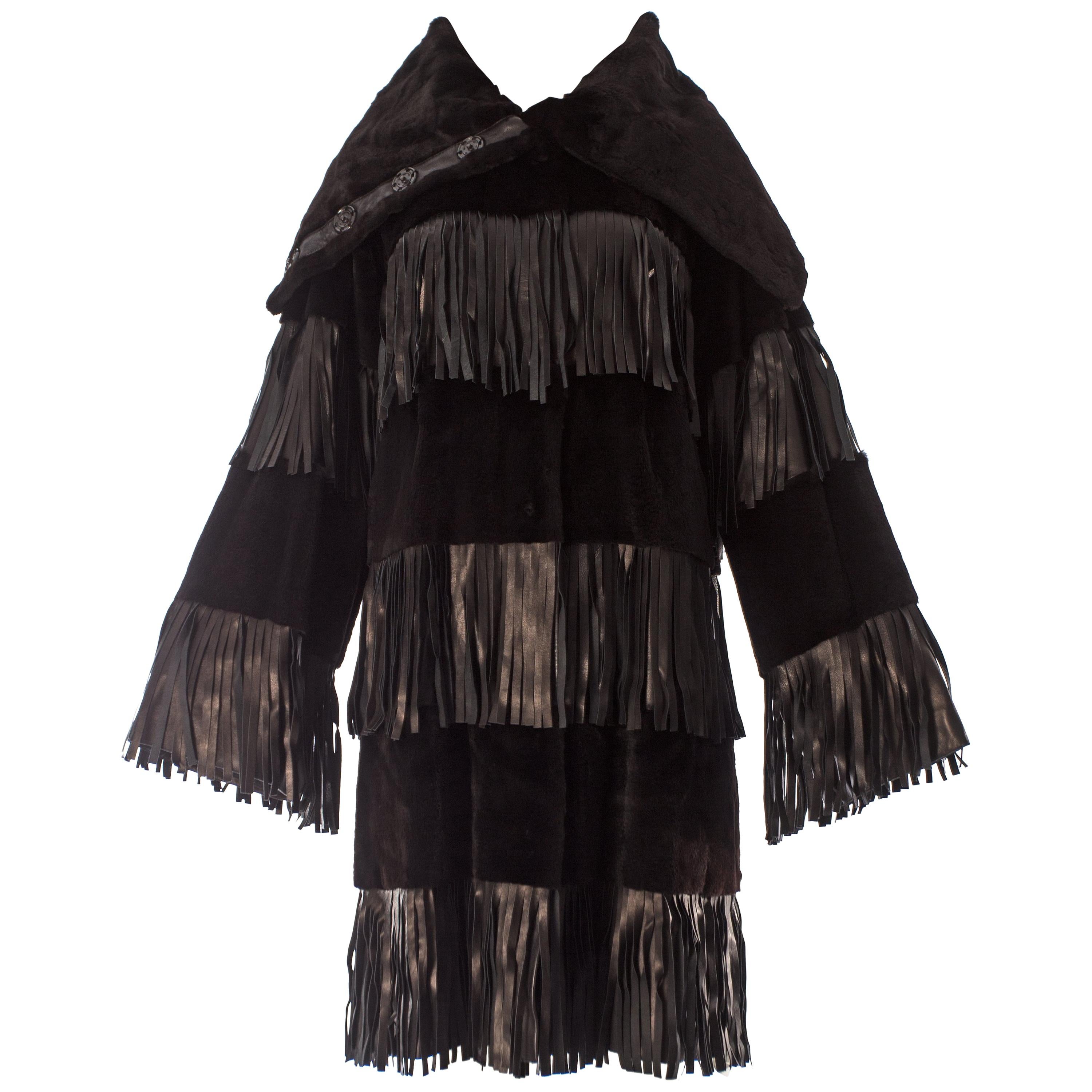 Dolce & Gabbana black sheared weasel fur coat with leather fringing, A / W 2003