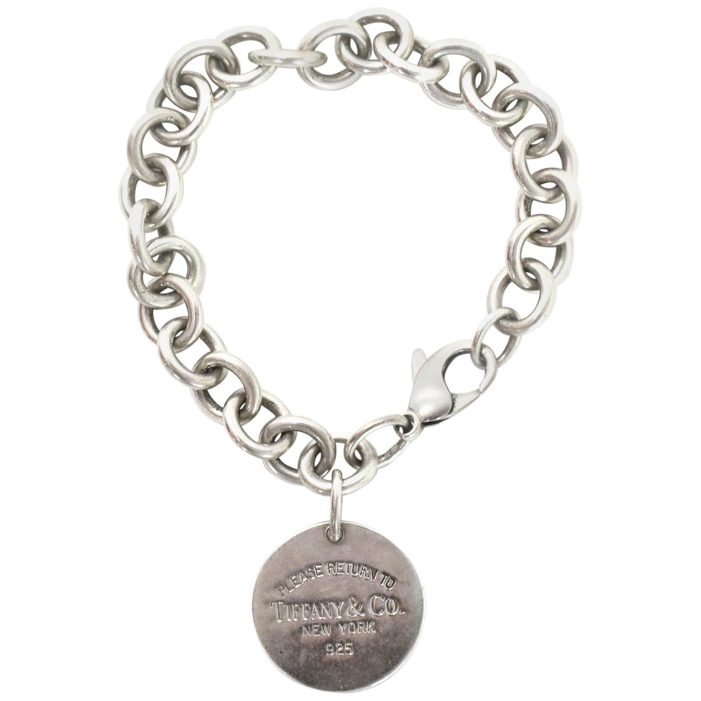Tiffany & Co "Please Return" Silver Chain Link Circle Logo Charm Bracelet 7"