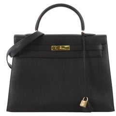 Hermes Kelly Handbag Black Ardennes with Gold Hardware 35