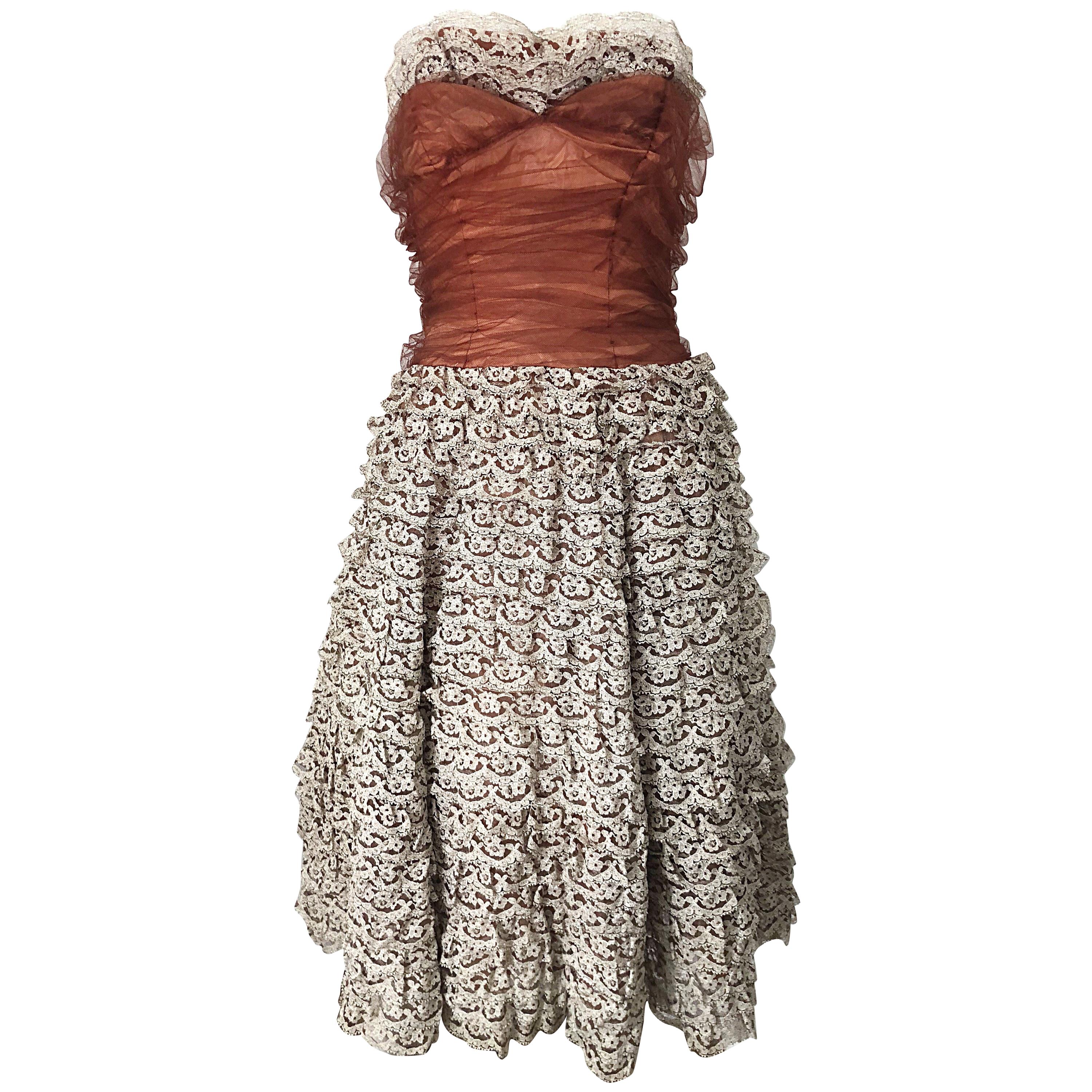 Stunning 1950s Demi Couture Taupe + Terra Cotta Vintage 50s Strapless Lace Dress For Sale