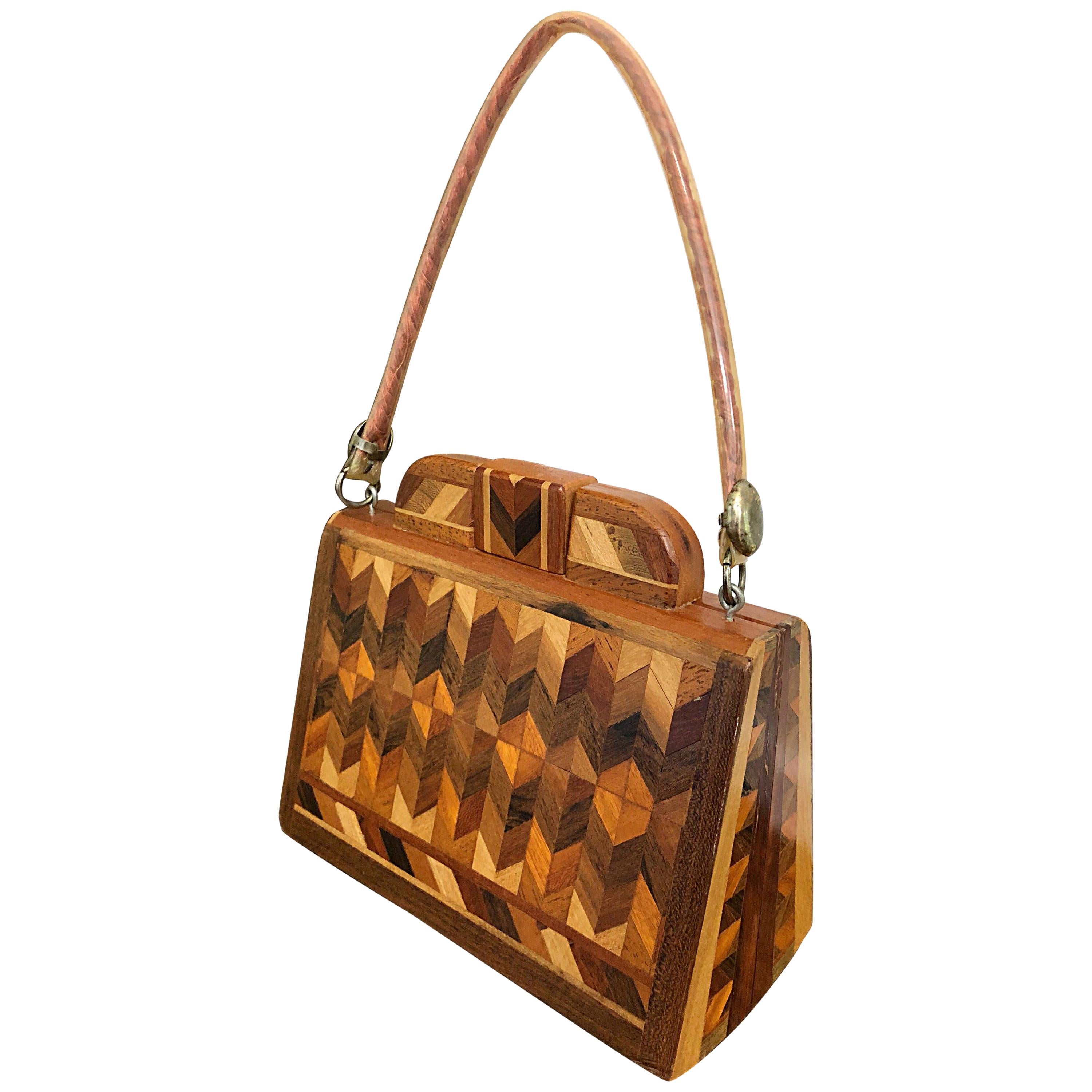 Chic 1960s Wood Patchwork Novelty Egyptian Triangular Purse Vintage 60s Hand Bag