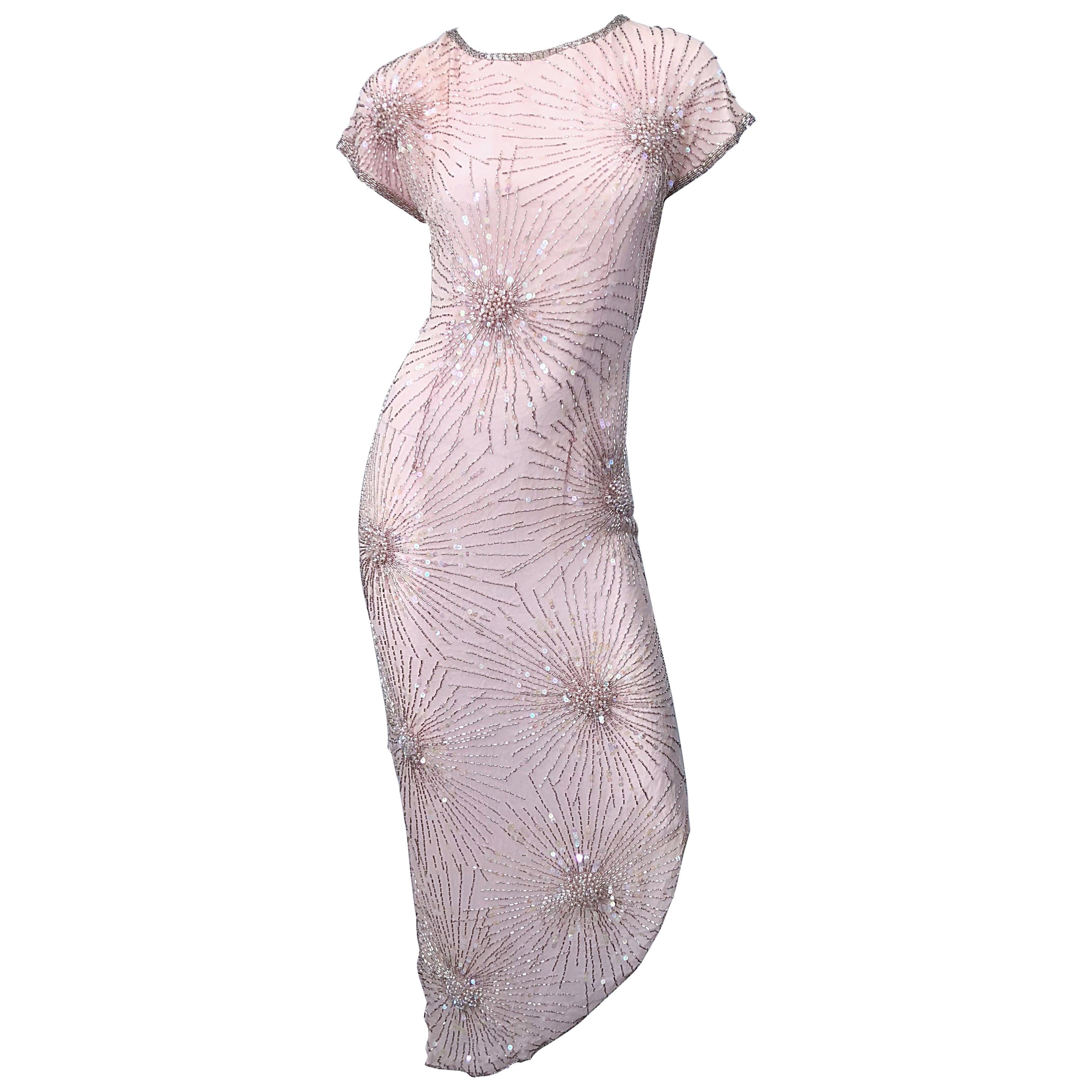 Vintage 70s Lillie Rubin Firework Pale Pink Silk Bead Sequin Asymmetrical Dress