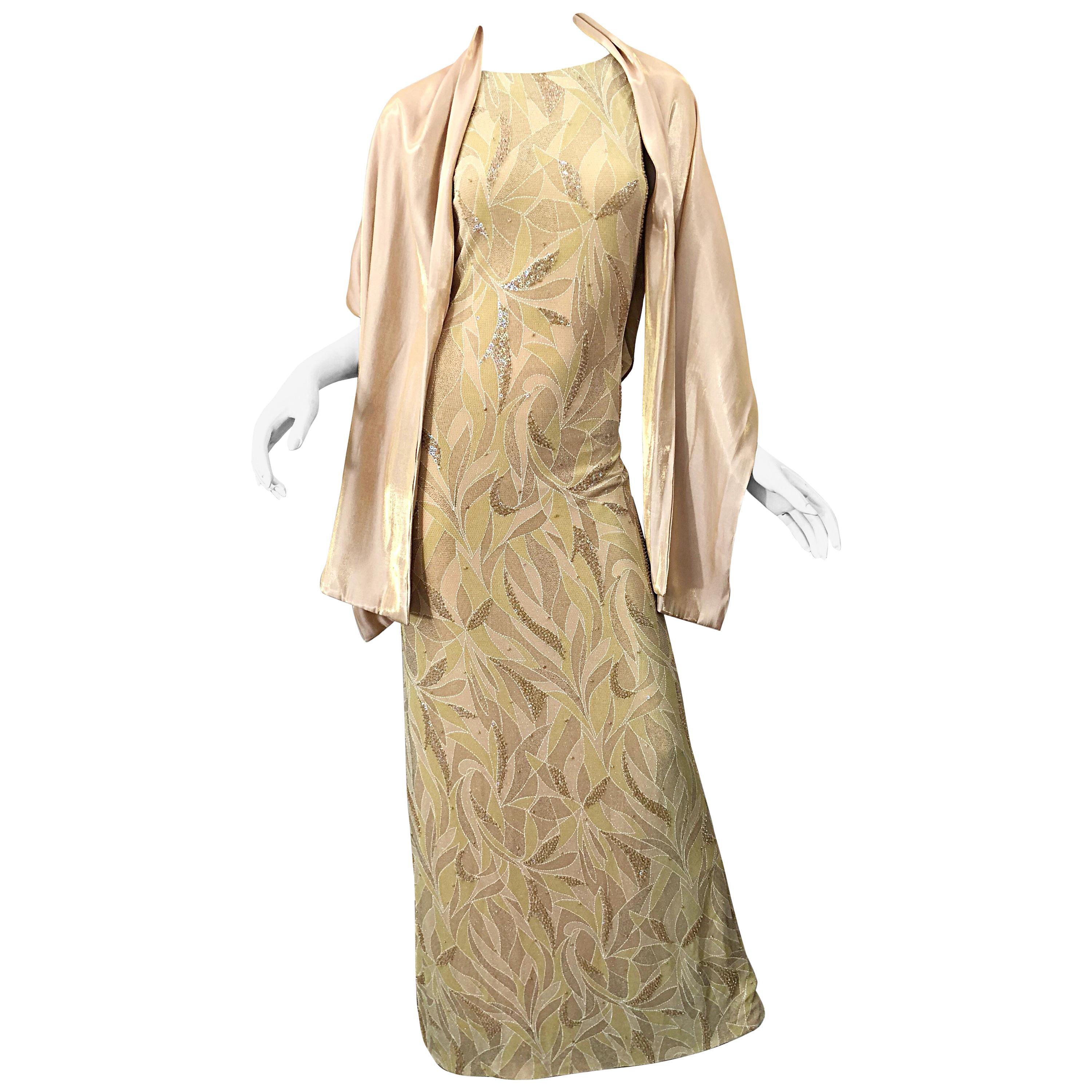 Vintage Bob Mackie Vintage-Kleid und Schal in Nude und Gold mit Pailletten, 1990er Jahre, Größe 8 / 10 im Angebot