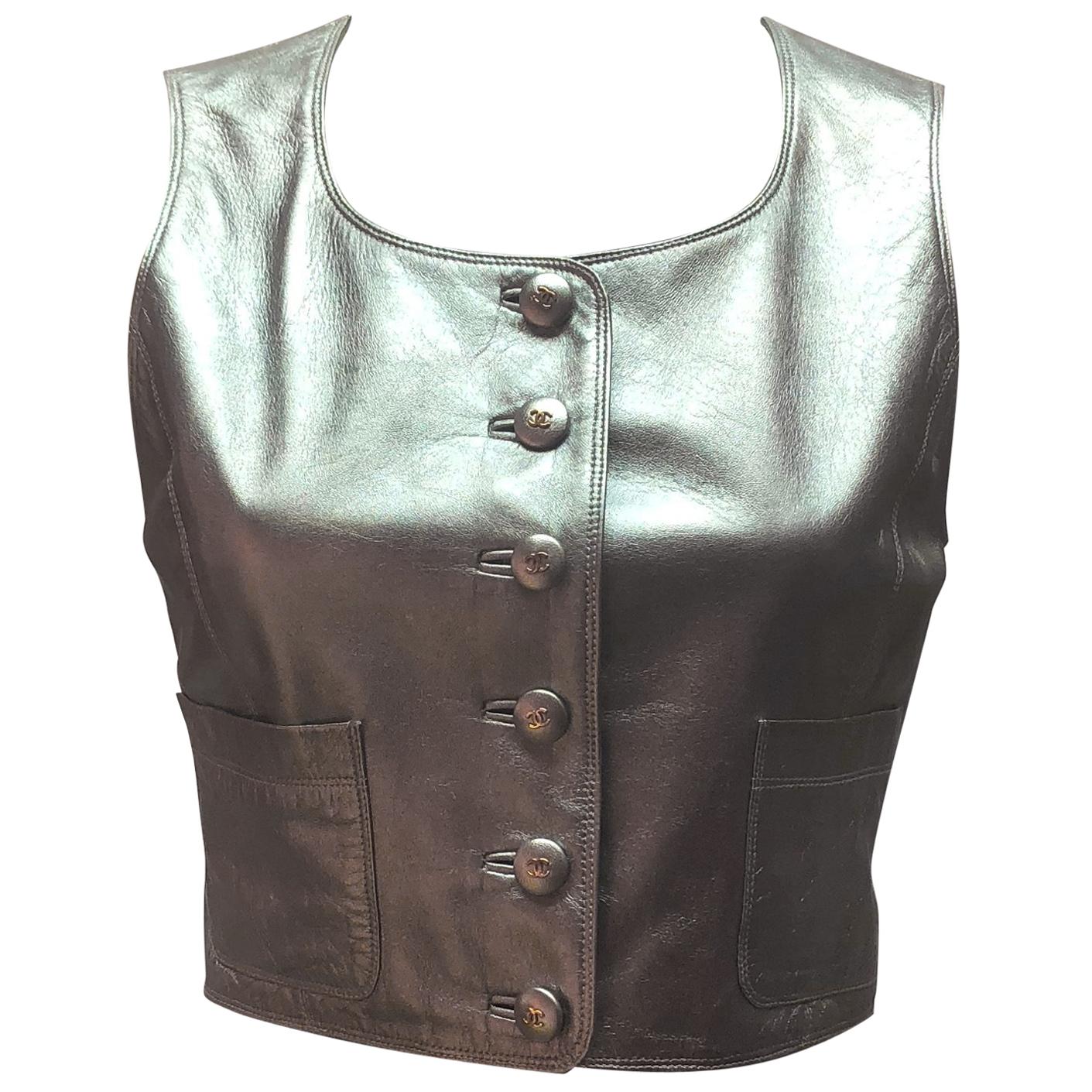 Chanel Silver Leather Cropped Vest