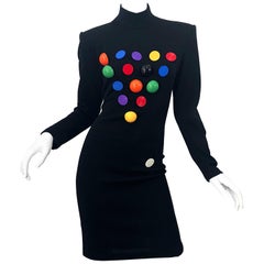 Documented 1980s Patrick Kelly Black Wool Pool Ball Vintage 80s Novelty Dress