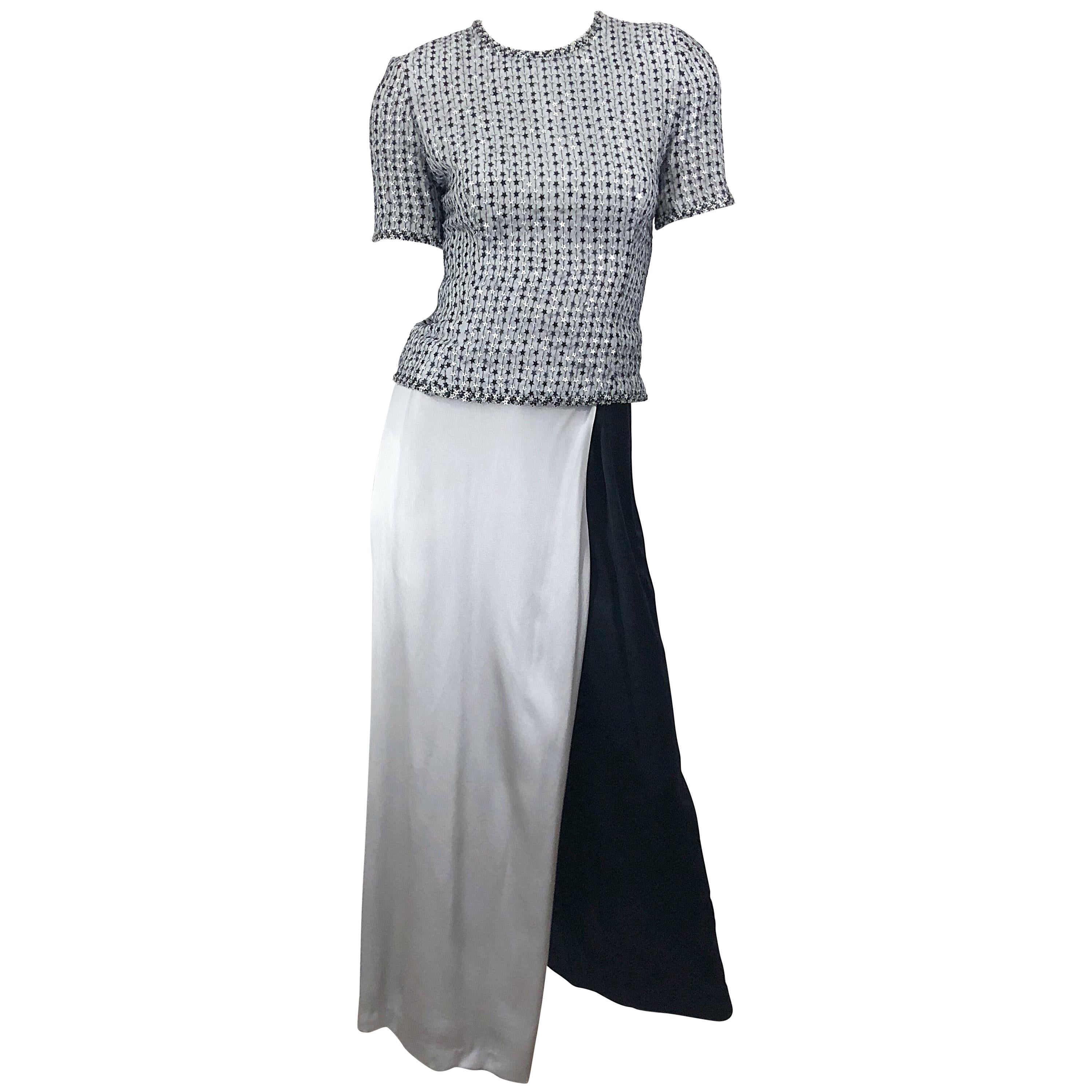 1980s Tarquin Ebker Silver Grey + Black Silk Palazzo Pants and Star Sequin Top