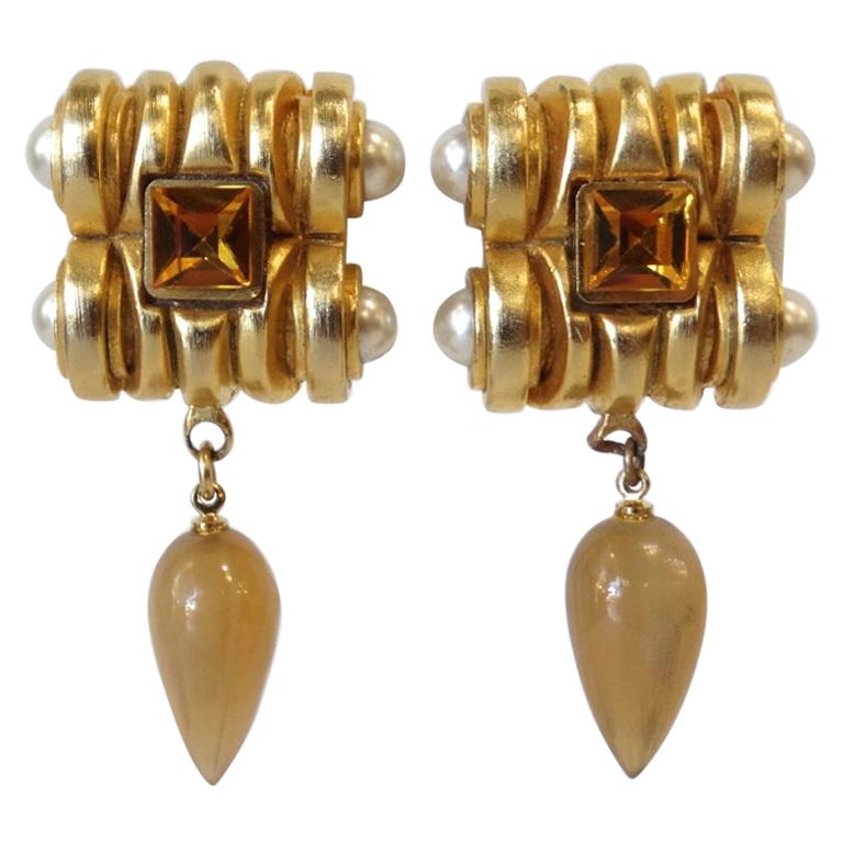 Gold Plated & Amber Crystal Clip On Earrings  For Sale