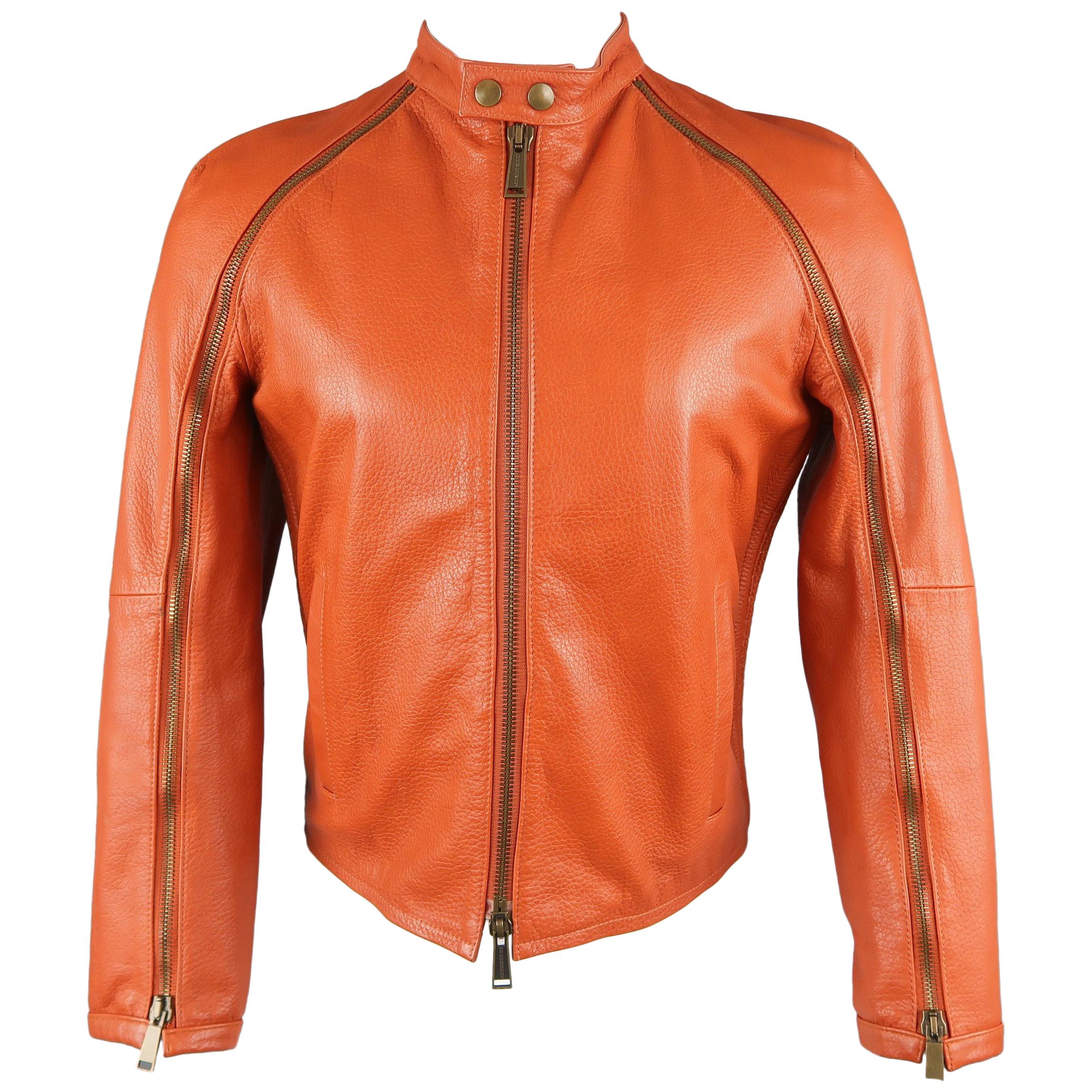 DSQUARED2 40 Orange Textured Leather Zip Sleeve Biker Jacket