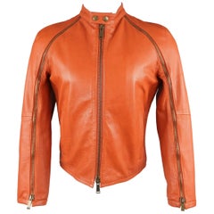 DSQUARED2 40 Orange Textured Leather Zip Sleeve Biker Jacket