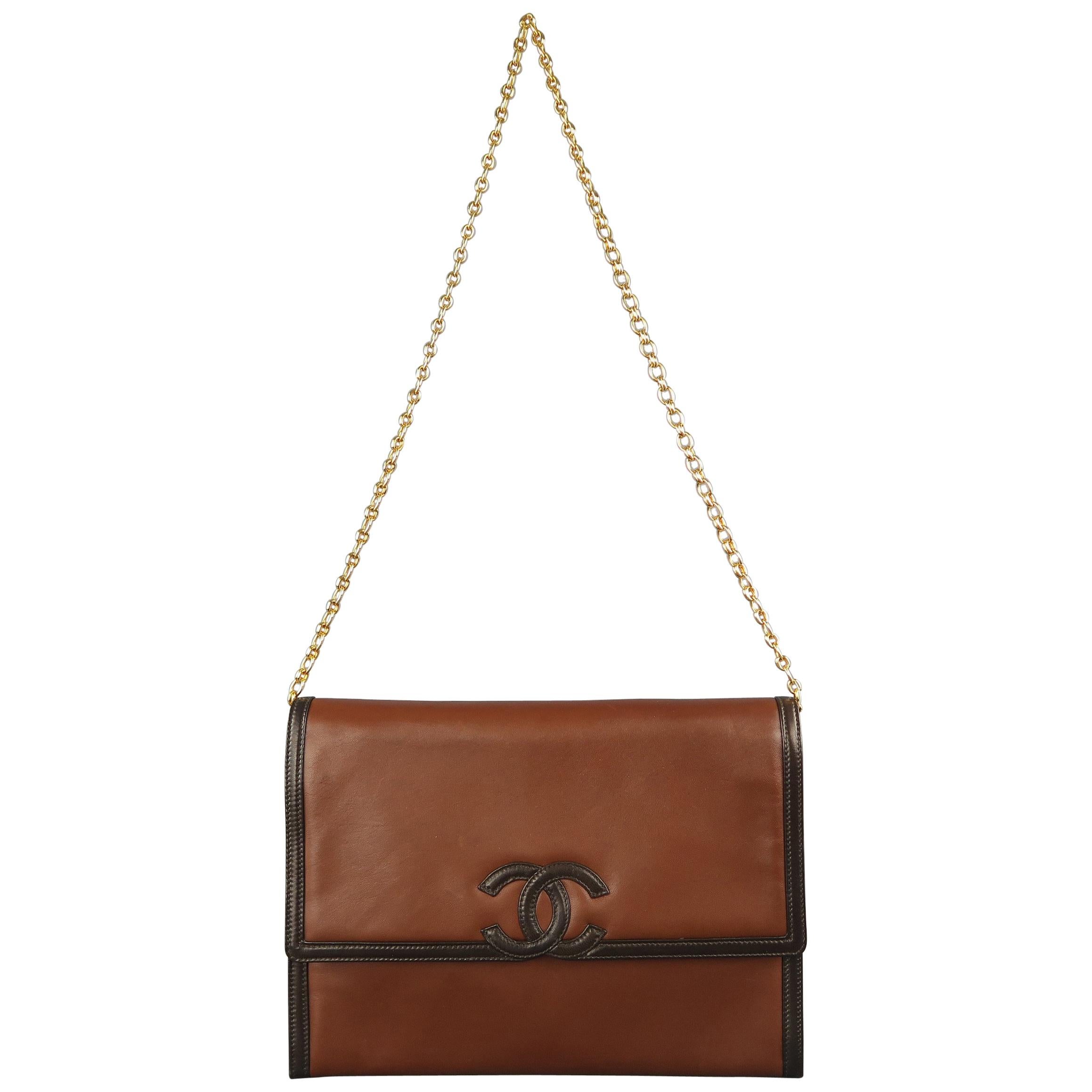 Chanel Vintage Brown Two Tone Leather Gold Chain CC Shoulder Bag, 1980s 