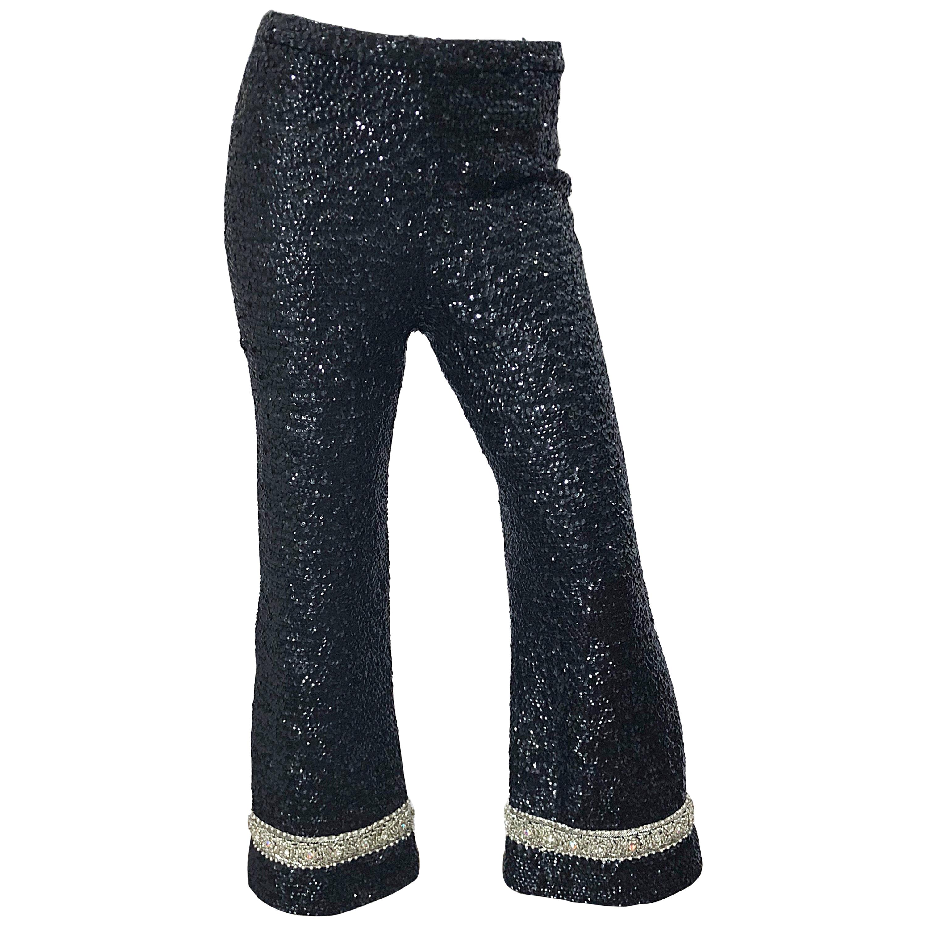 Fabulous 1960s De Paul of New York Black Fully Sequined Flare Leg 60s Wool Pants For Sale