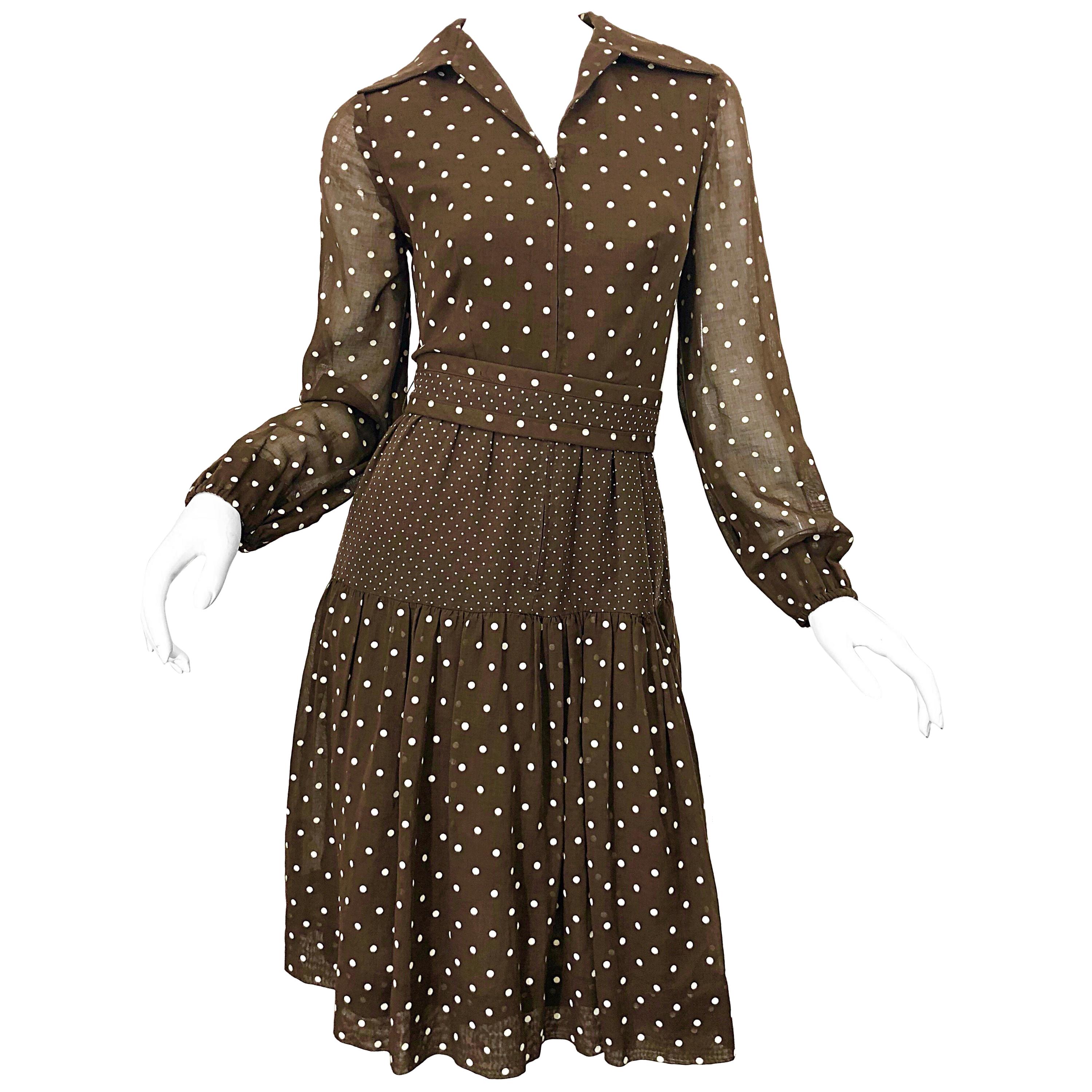 1970s I Magnin Brown and White Polka Dot Belted Cotton Vintage 70s Day Dress