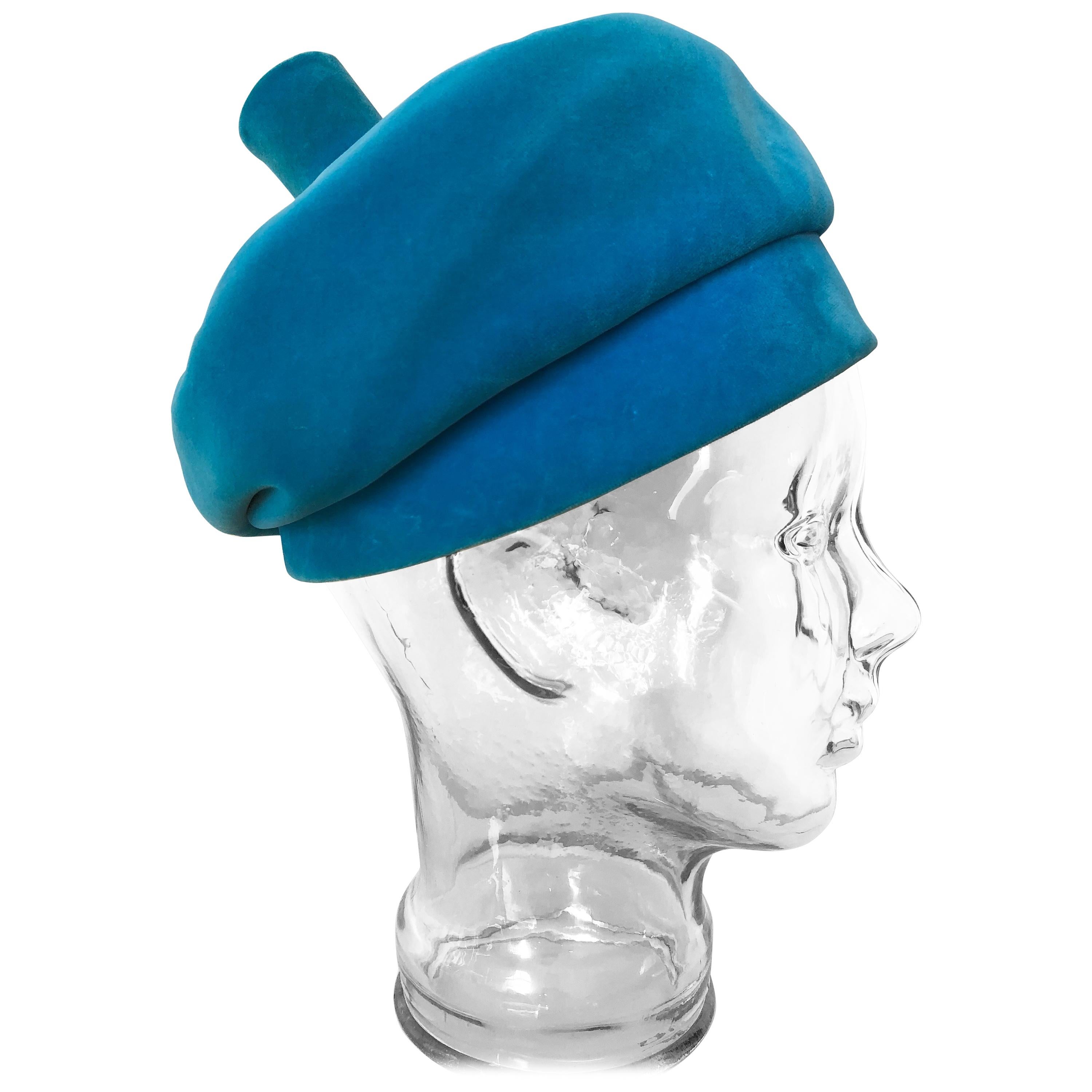 1960s Emme Turquoise Velveteen Banded Beret Hat W/ Structured Top Knob