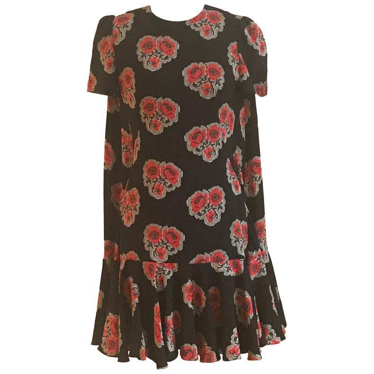 Alexander McQueen Cape Back Black and Red Floral Crepe Silk Dress For ...