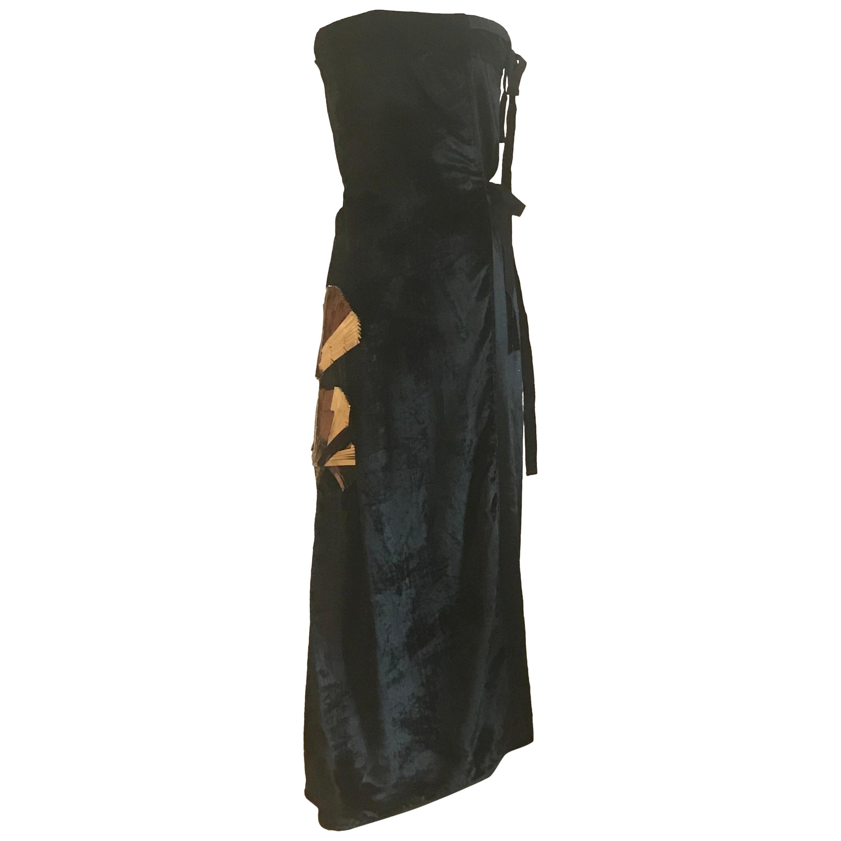 Attico Black Strapless Velvet Gold Embellished Tie Wrap Maxi Dress Gown