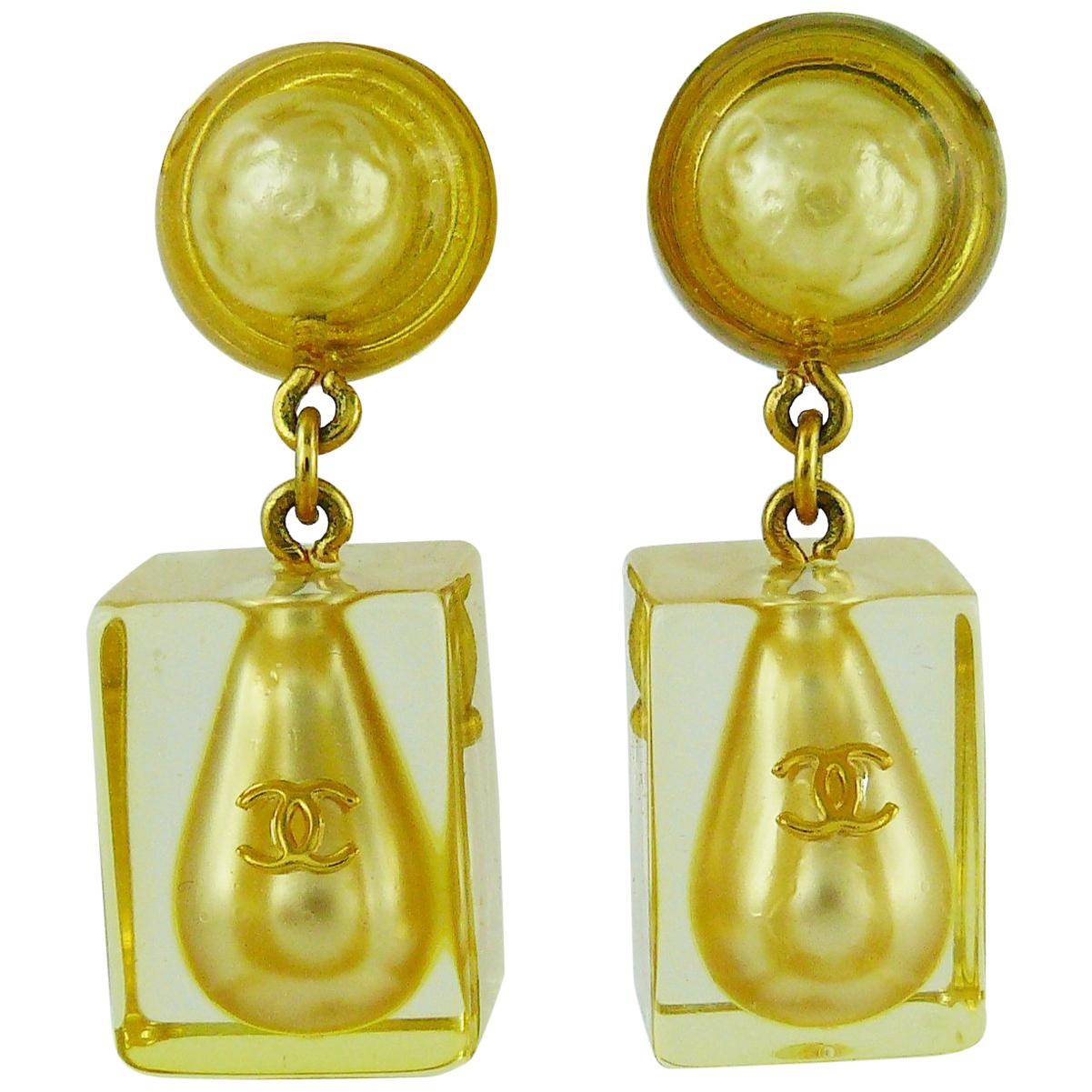 Chanel Vintage Lucite Ice Cube Pearl Drop Dangling Earrings