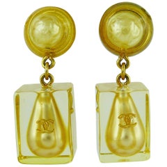 Chanel Vintage Lucite Ice Cube Pearl Drop Dangling Earrings