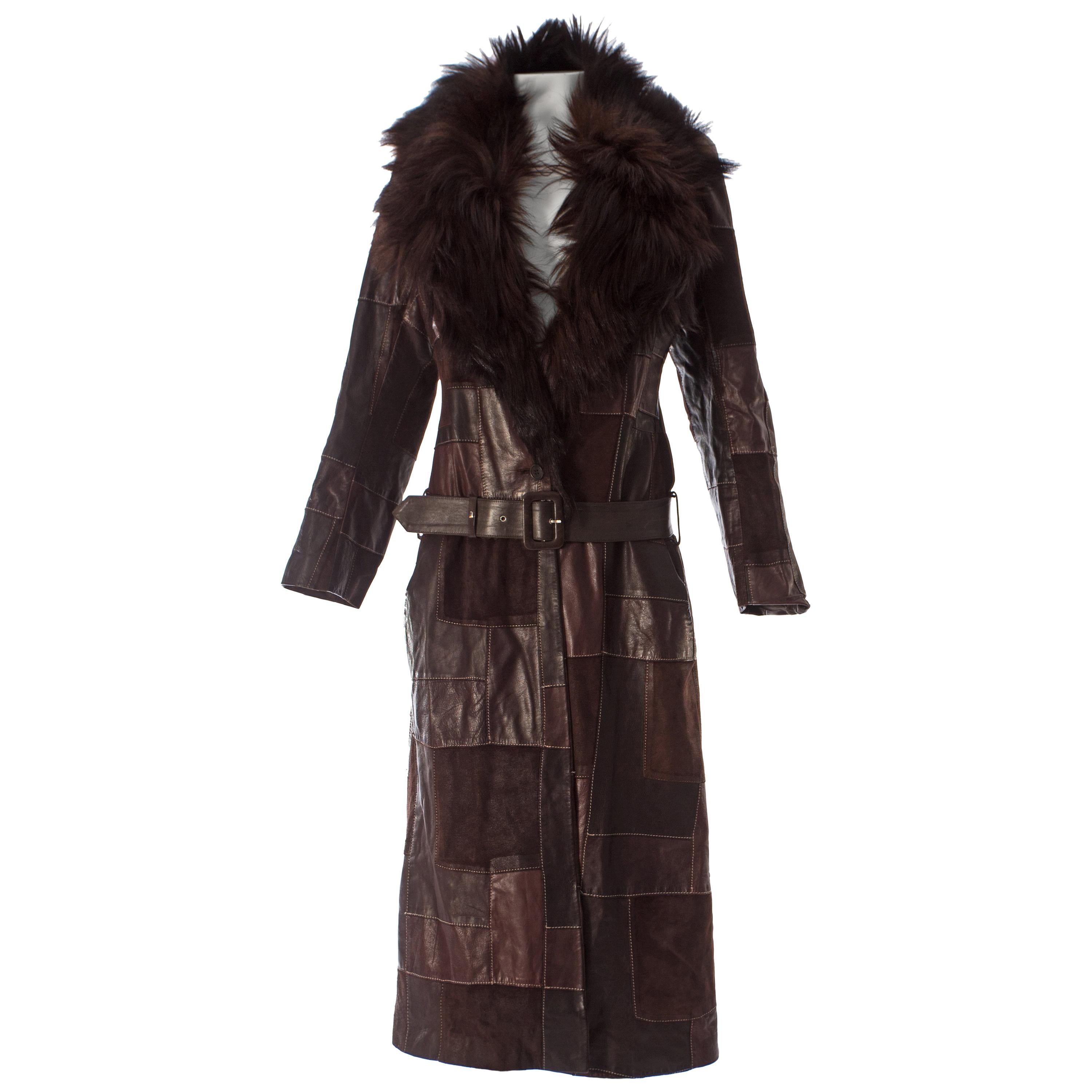 Alexander McQueen brown leather patchwork coat with goat hair collar, A / W 2000