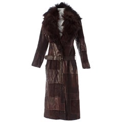 Vintage Alexander McQueen brown leather patchwork coat with goat hair collar, A / W 2000