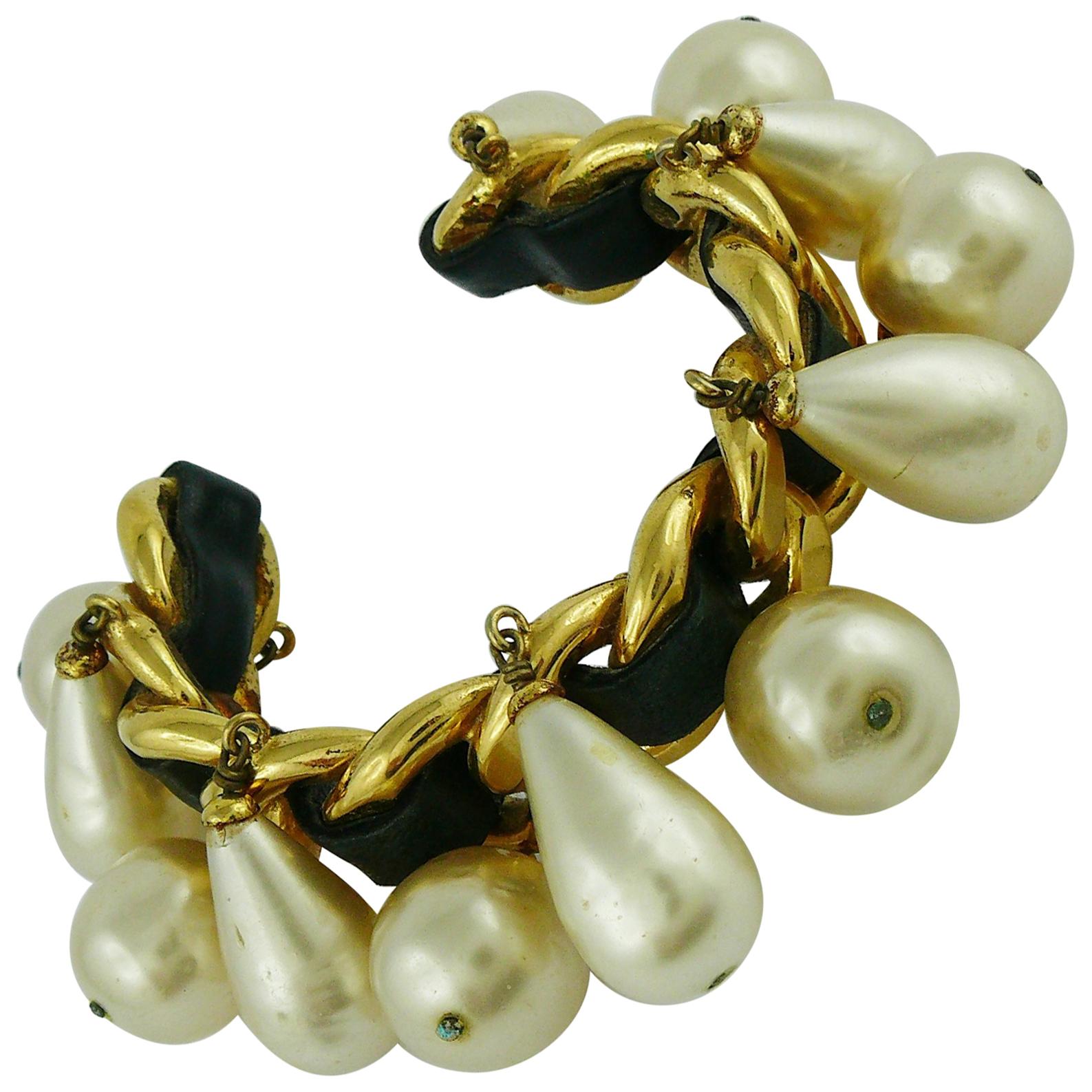 Chanel Vintage Chain Leather Pearl Drop Cuff Bracelet, 1980s  For Sale