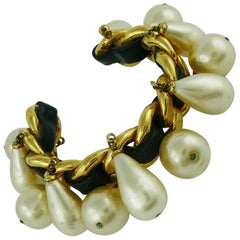 Chanel Vintage Chain Leather Pearl Drop Cuff Bracelet, 1980s 