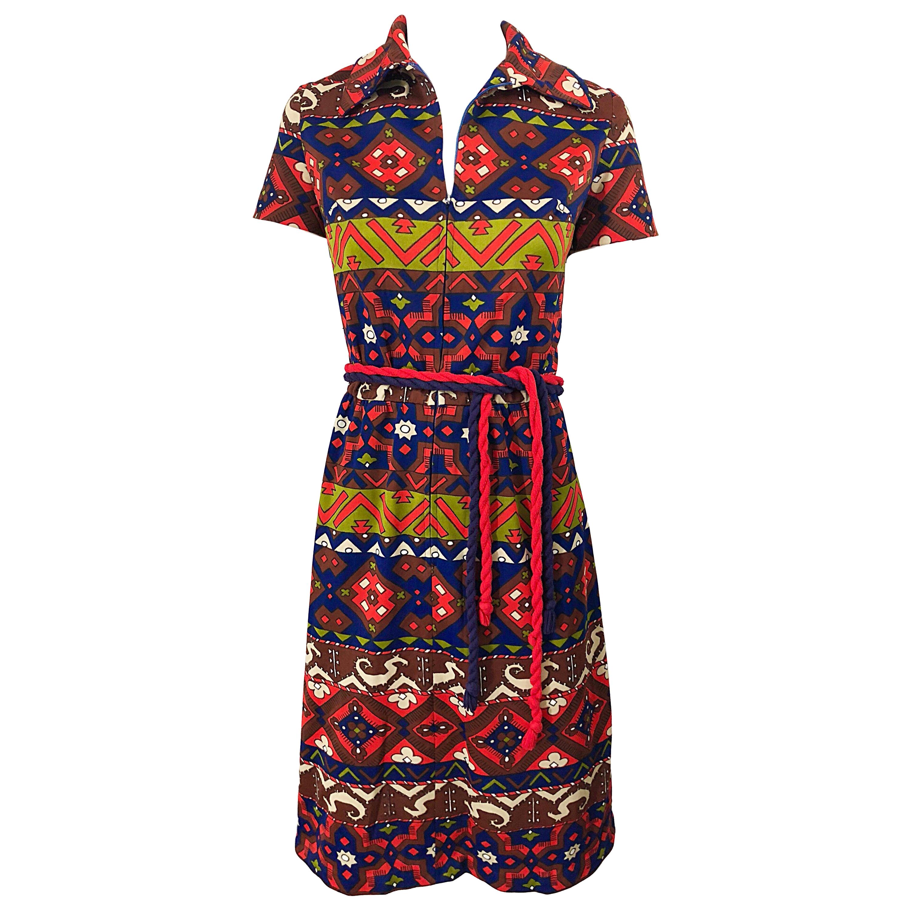 1970s Aztec Novelty Print Amazing Vintage 70s Knit Rope Belted Shirt Dress