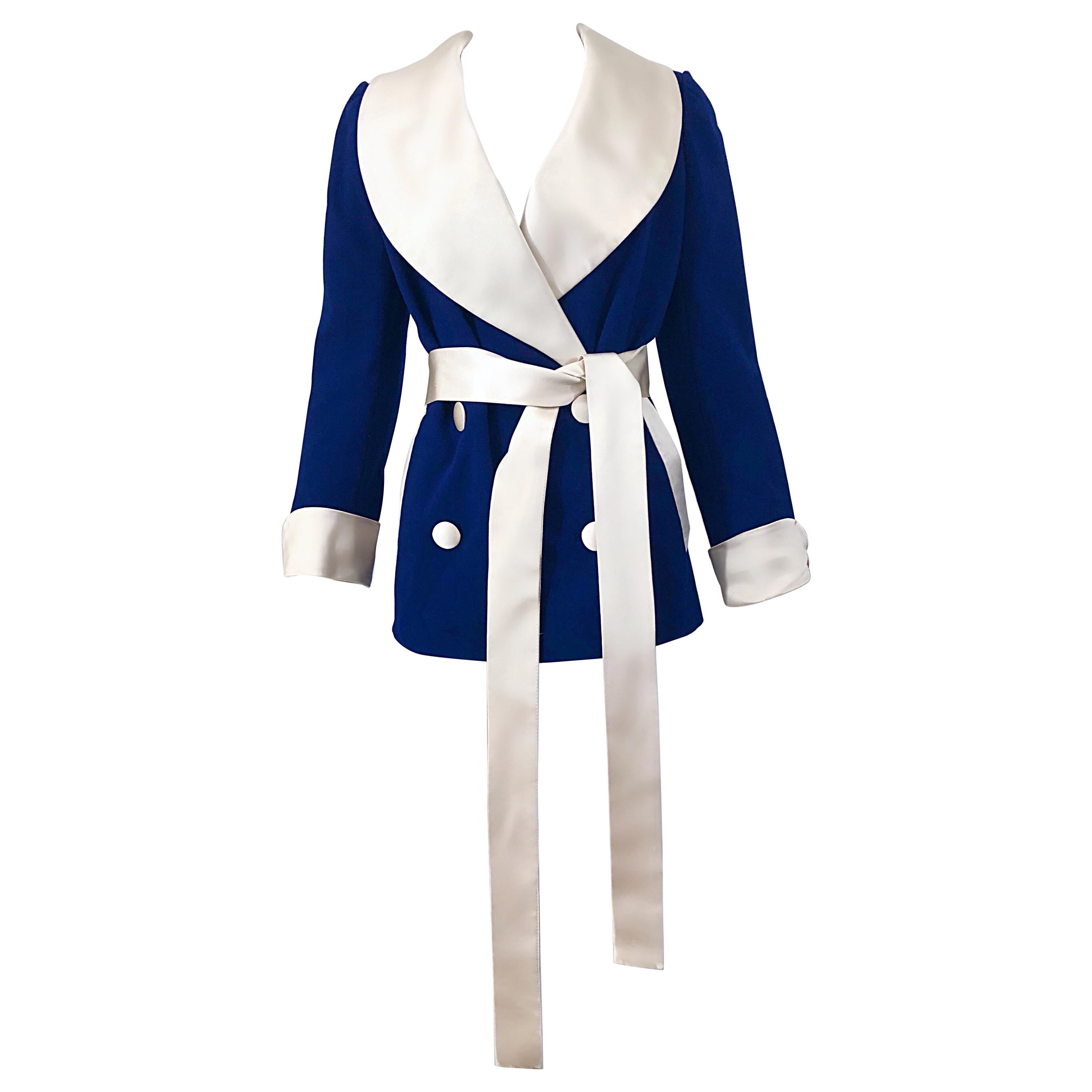 Rare 1960s Norman Norell Navy Blue + Ivory Vintage 60s Belted Smoking Jacket For Sale