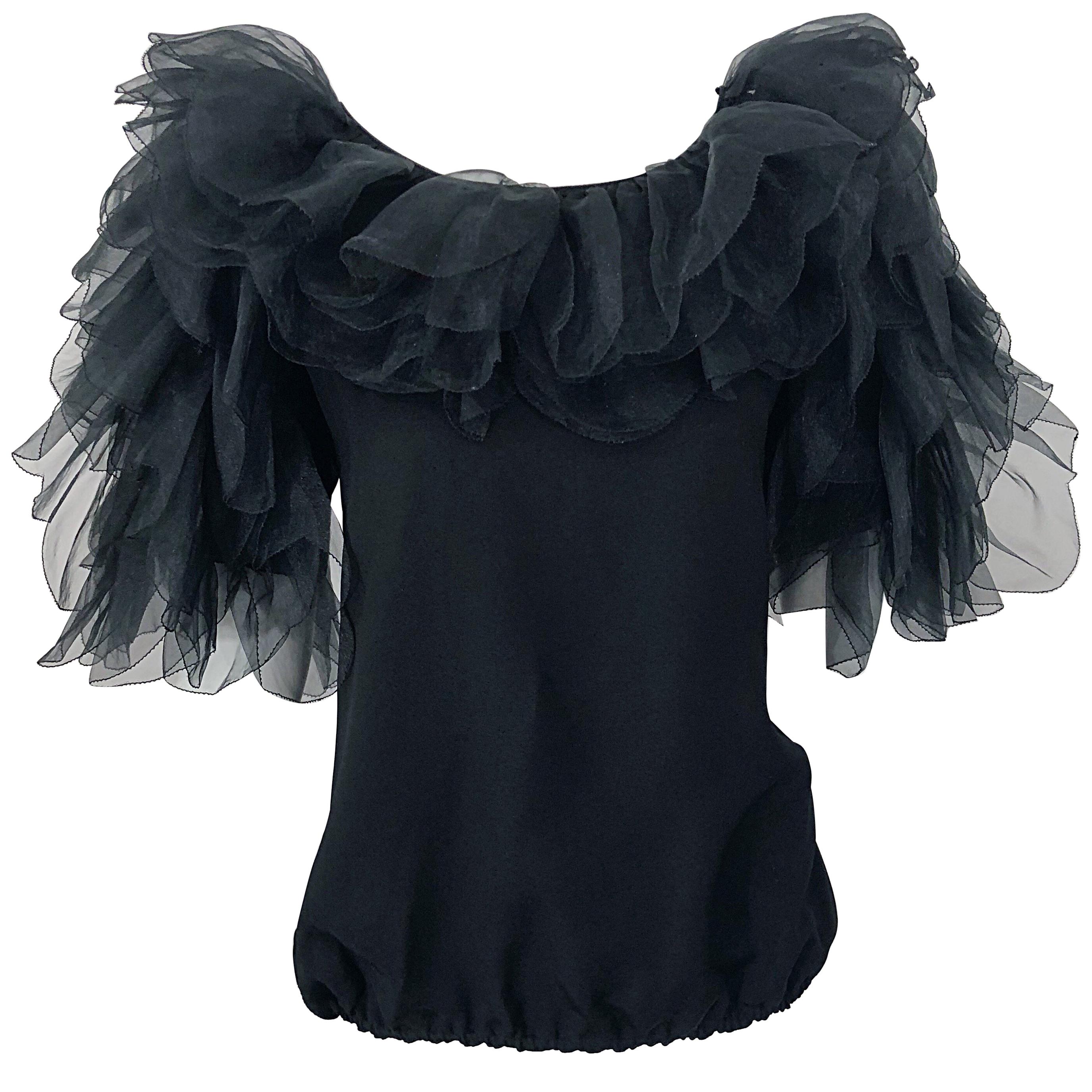 1980s Avant Garde Tarquin Ebker Black Silk Chiffon Flamenco Vintage Blouse Top For Sale
