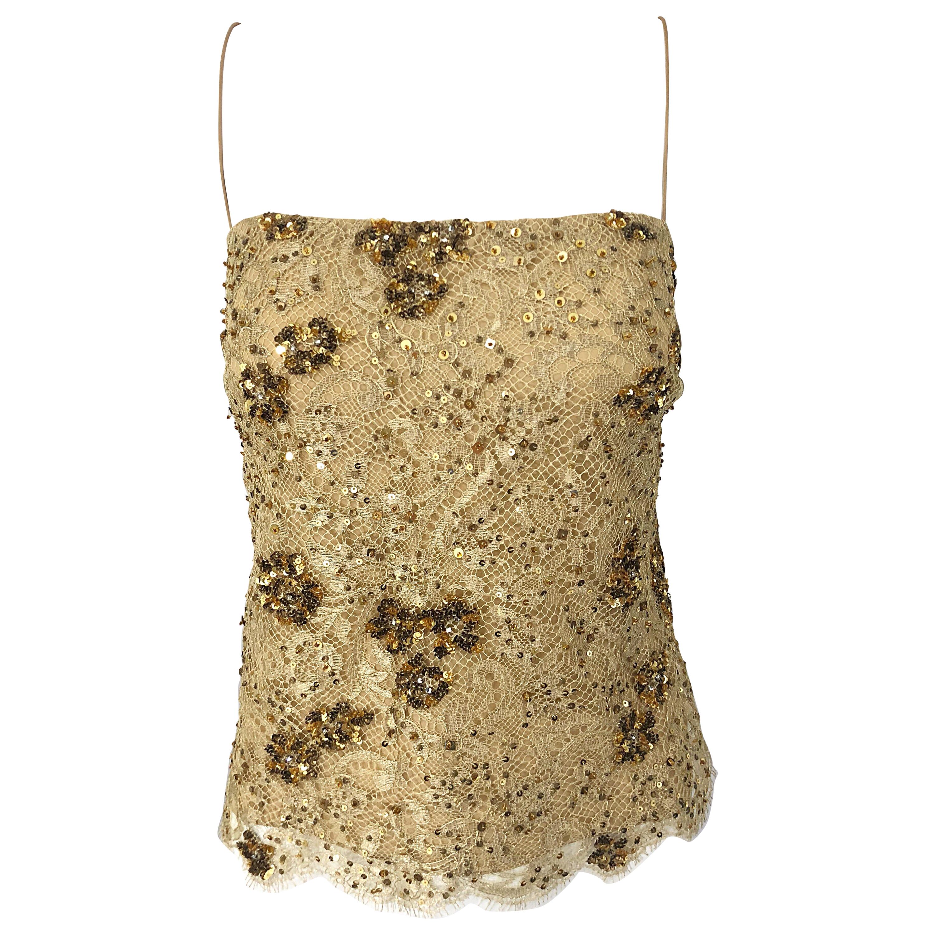 1990s Badgley Mischka Size 10 / 12 Gold Lace Sequins and Beads Vintage 90s Top