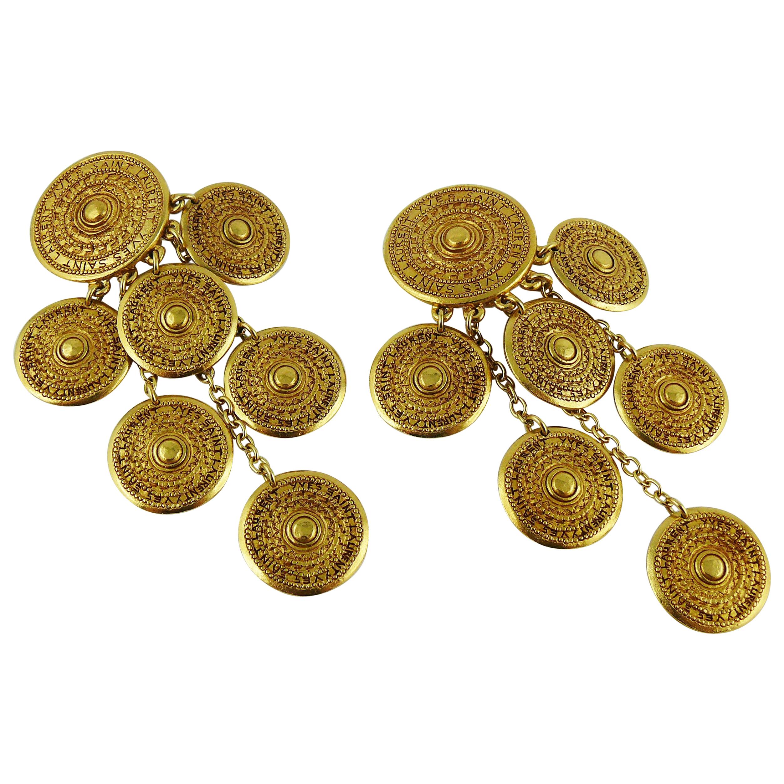Yves Saint Laurent YSL Vintage Gold Toned Ethnic Aztec Pattern Dangle Earrings