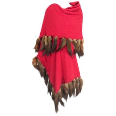 Adrienne Landau Red Wool Knit shawl with mink tail trim 1980s