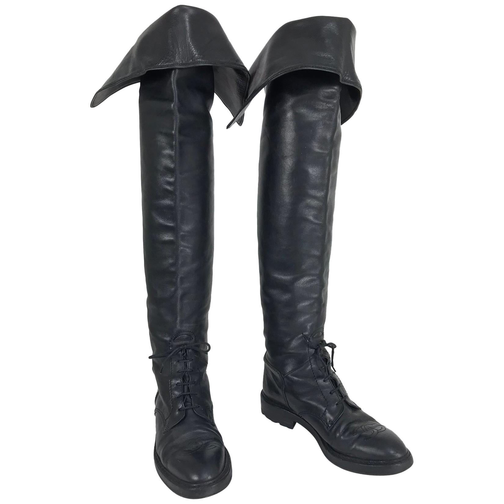 Chanel Over the knee black leather riding boots Claudia Schiffer worn 1990s