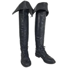 Retro Chanel Over the knee black leather riding boots Claudia Schiffer worn 1990s