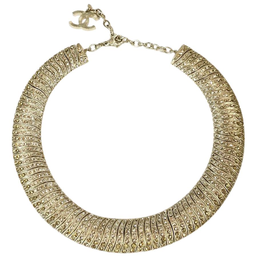 Chanel Choker Necklace in Gilt Metal Set with Colored Rhinestones