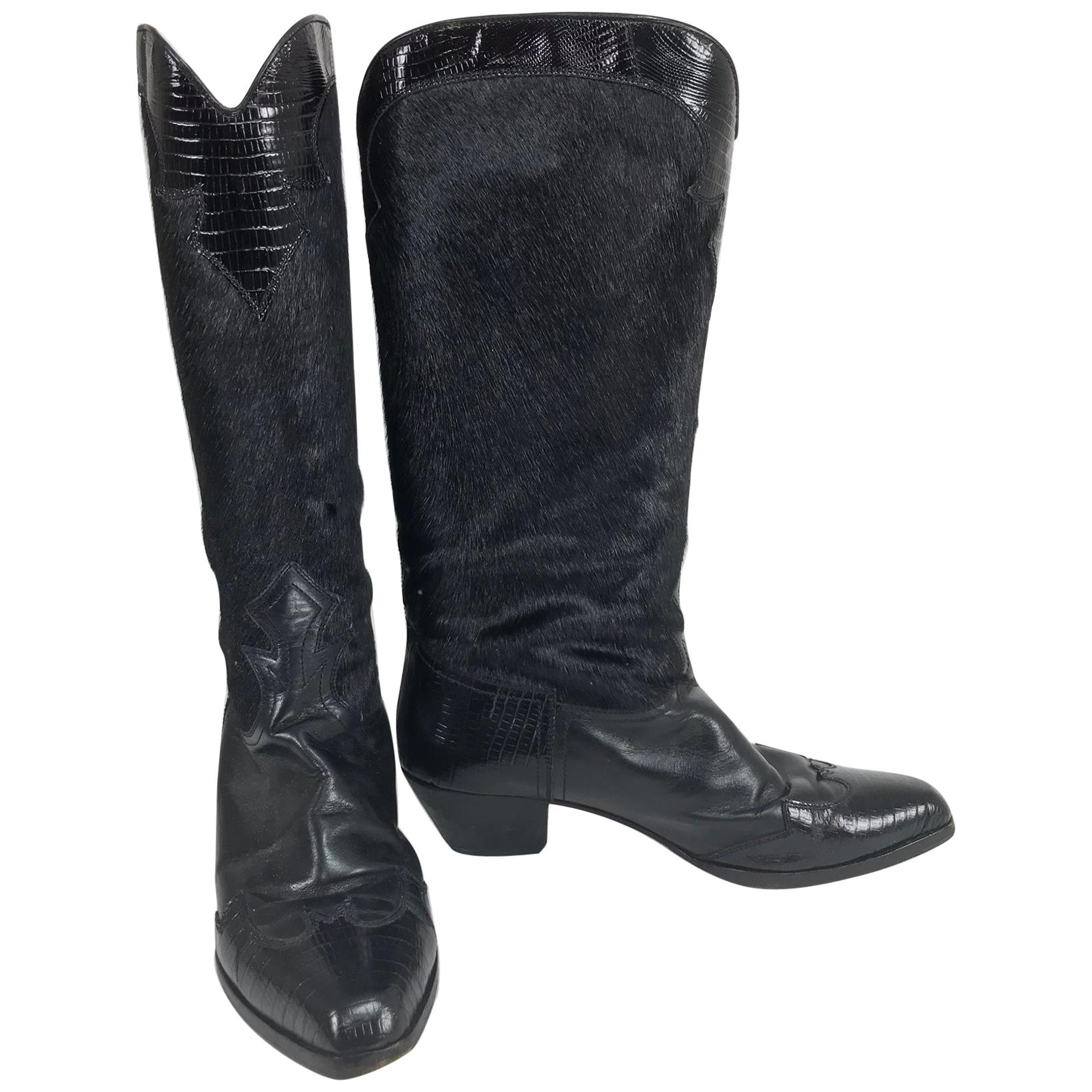 Black embossed alligator leather and black hair calf cowboy boots 1980s 