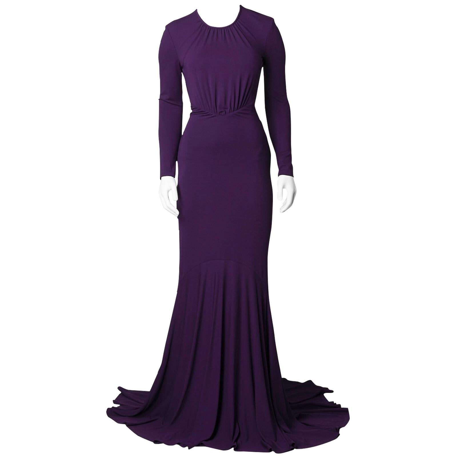 Michael Kors Purple Jersey Long Sleeve Backless Gown