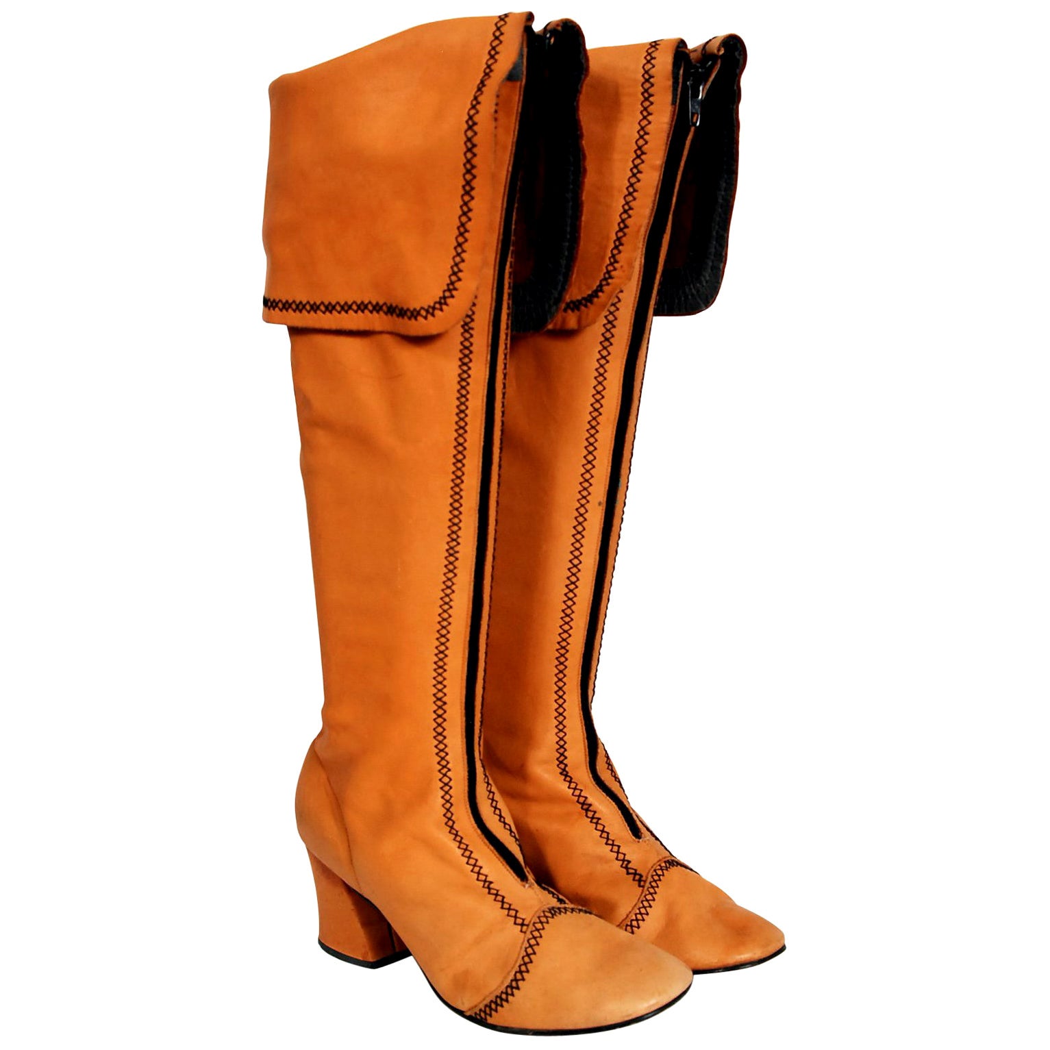 Vintage 1970's Tan Brown Leather Wide-Cuff Knee High Bohemian Pirate Boots  