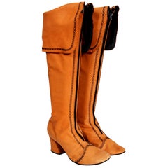 Vintage 1970's Tan Brown Leather Wide-Cuff Knee High Bohemian Pirate Boots  