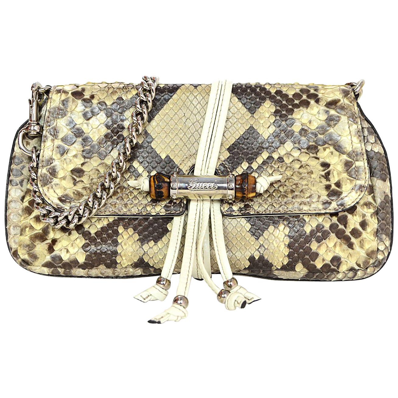 GUCCI Croisette Bamboo Evening Python Leather Shoulder Bag Off White 2