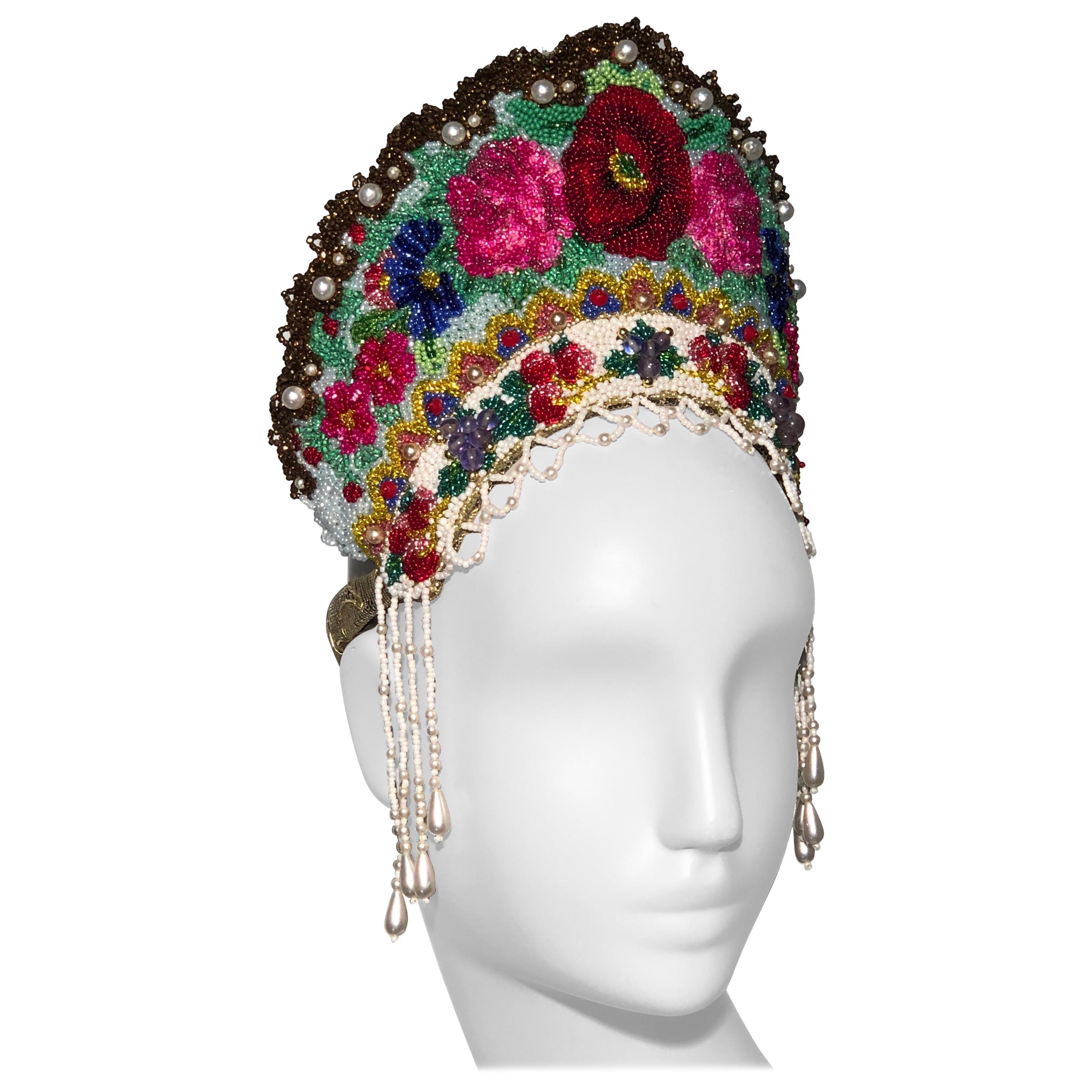 Torso Creations Russian Beaded Floral Mantilla Crown W/ Gold Lace Details