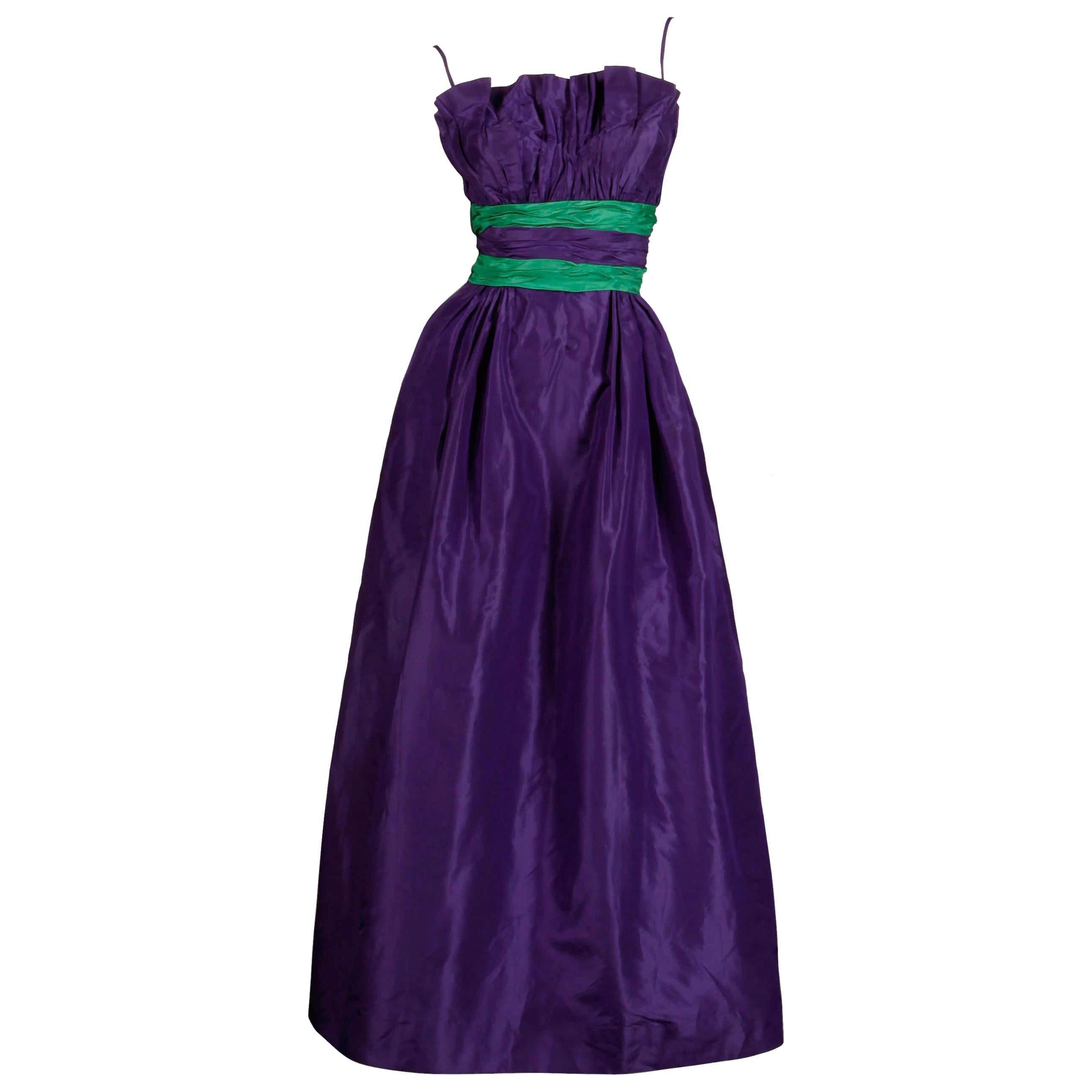Loris Azzaro Vintage Purple + Green Silk Taffeta Evening Gown or Dress For Sale