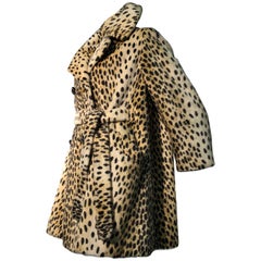 Vintage 1960s Safari Faux Cheetah Fur Double-Breasted Trench-Style Coat W/ Belt