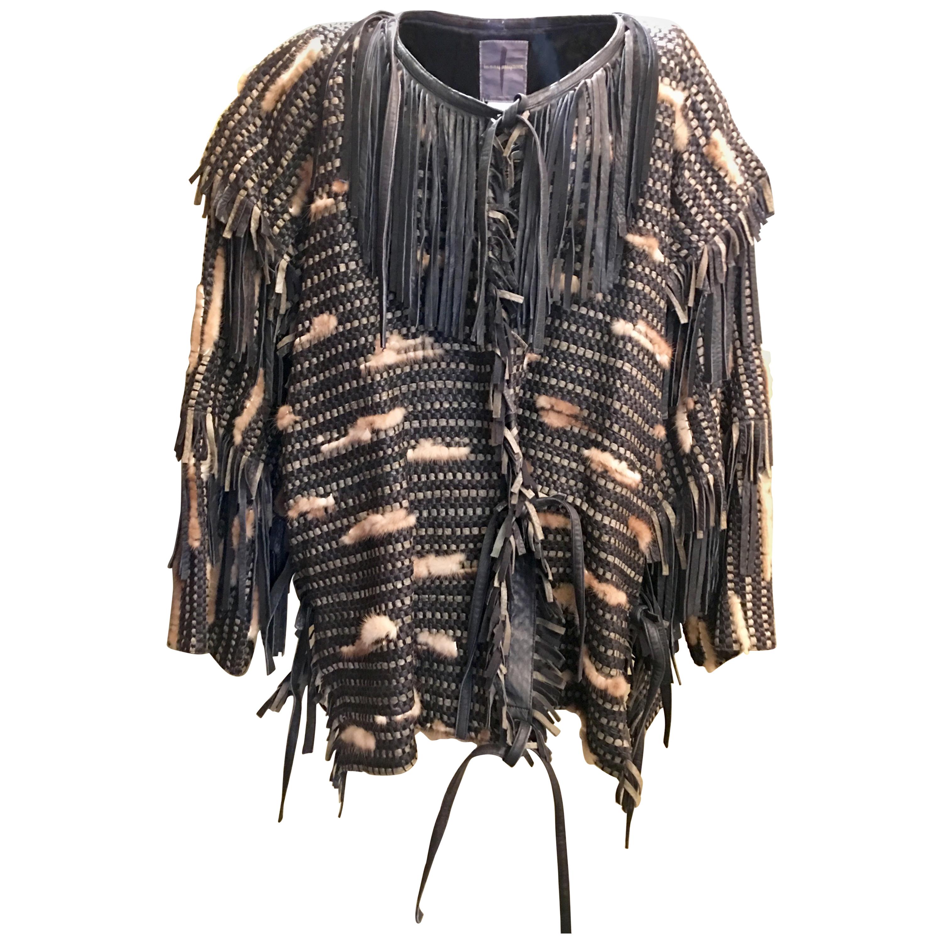 Couture 1980s Issey Miyake Woven Fringed Sheepskin Leather Silk Fur Coat