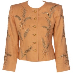 Yves Saint Laurent Gold Beaded Wheat Linen Jacket, 1980s 