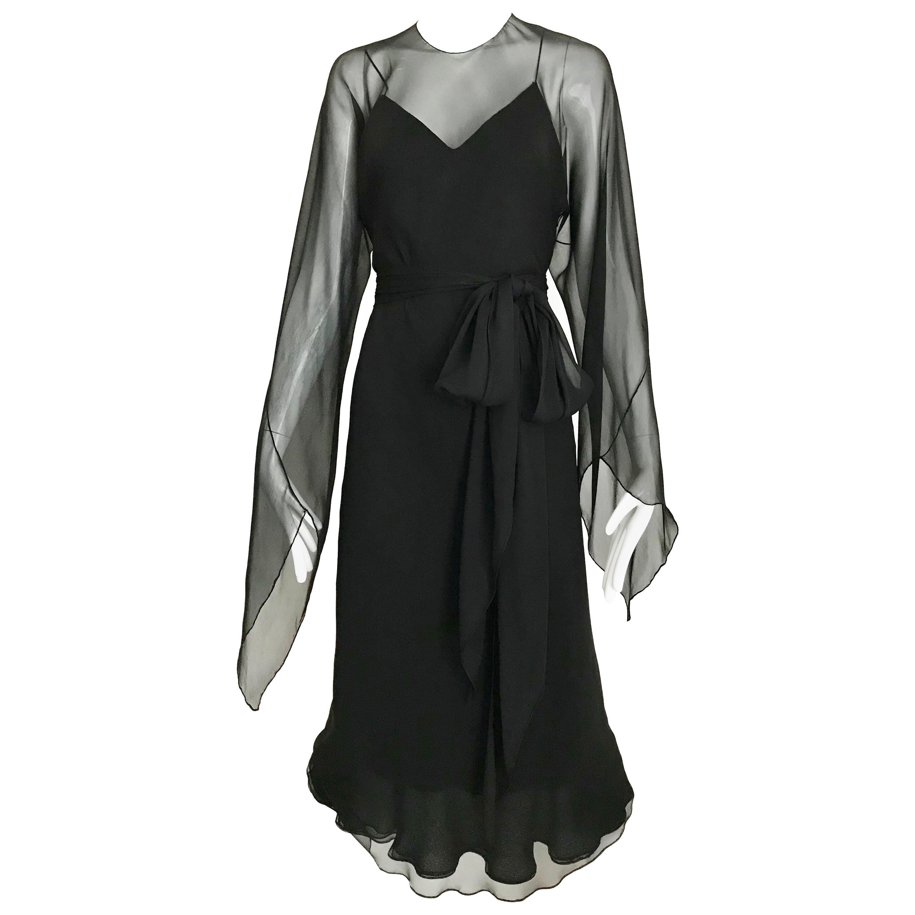 Halston Black Silk Chiffon Bias Cut Dress, 1970s 