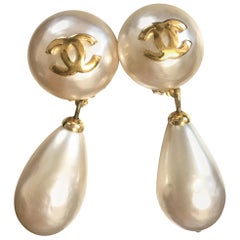 Chanel Vintage White Teardrop Faux Pearl Dangling Earrings With Golden Cc Mark 