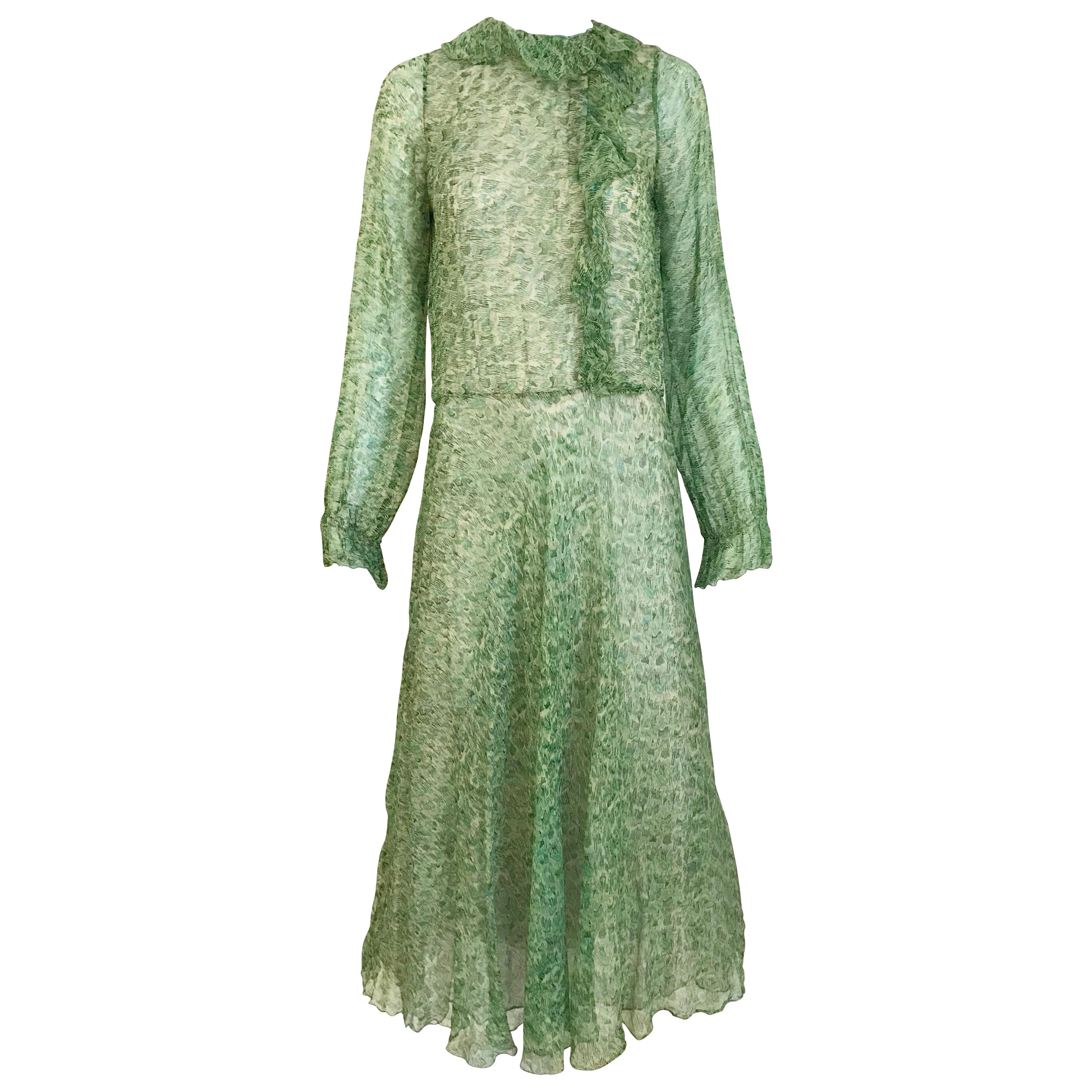 1970s Anna Weatherley Green Silk Print Dress