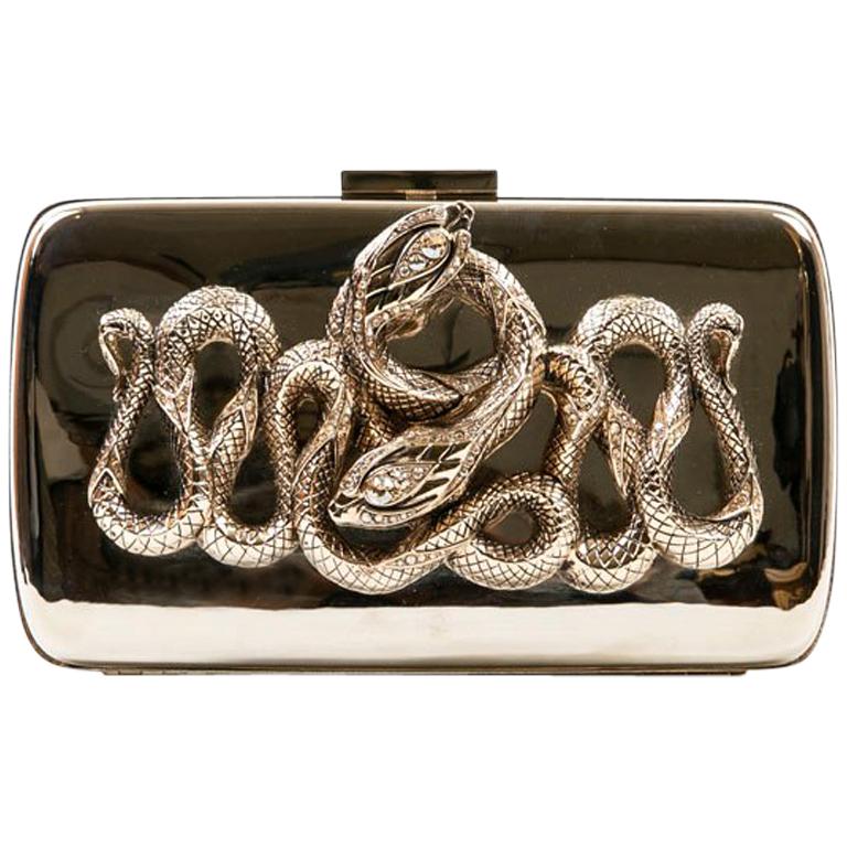 Roberto Cavalli Mirror Effect Gilt Metal and Snake Ornament Minaudière  For Sale