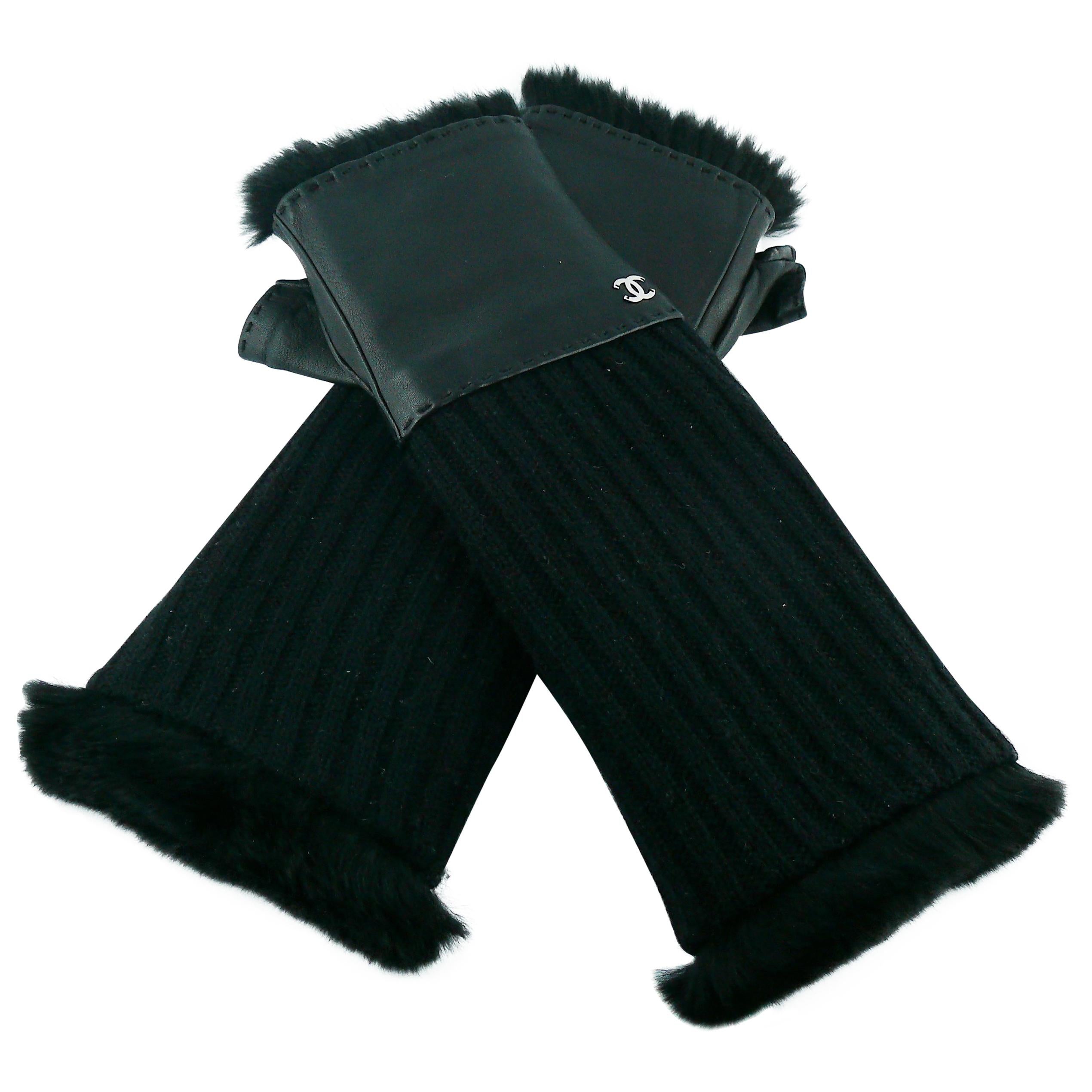 Chanel black lambskin and wool Fingerless Gloves 